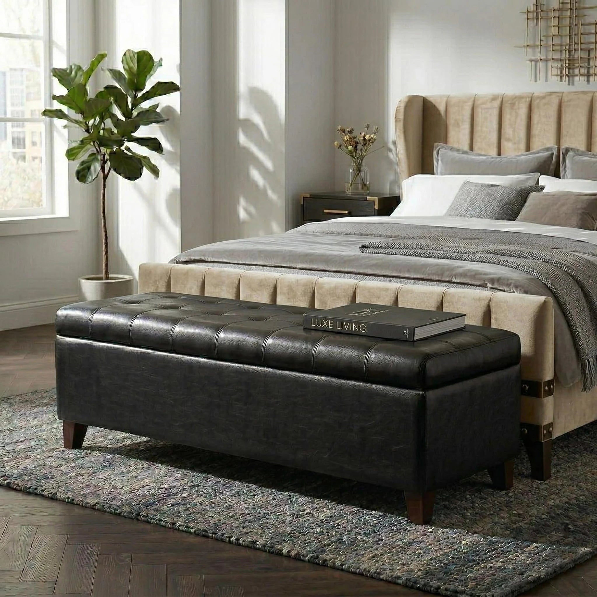 Joveco Line Black Linen Storage Ottoman Bench – lifestyle room view