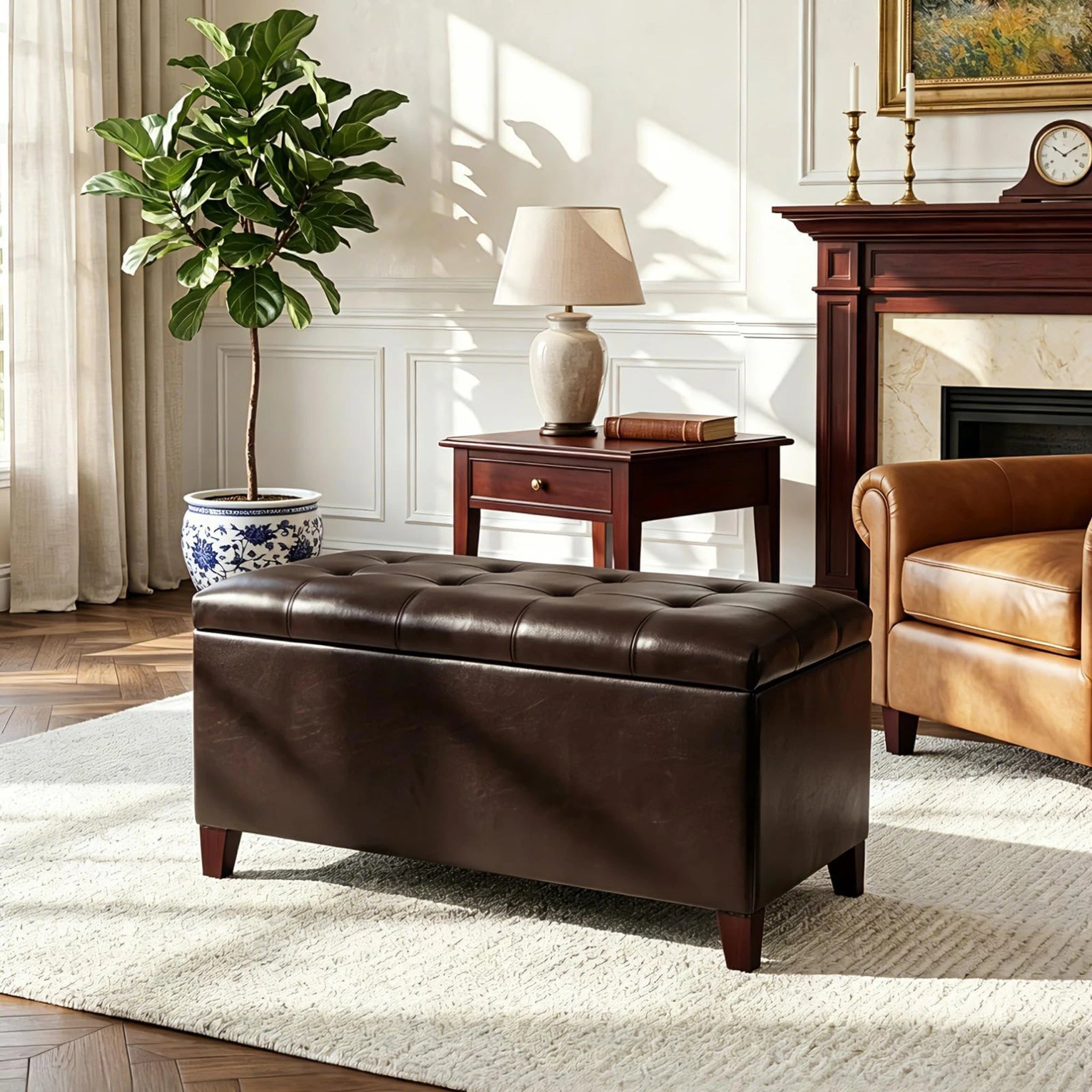 Joveco Matte Chocolate With Wheels Tufted Faux Leather Storage Ottoman – styled home scene