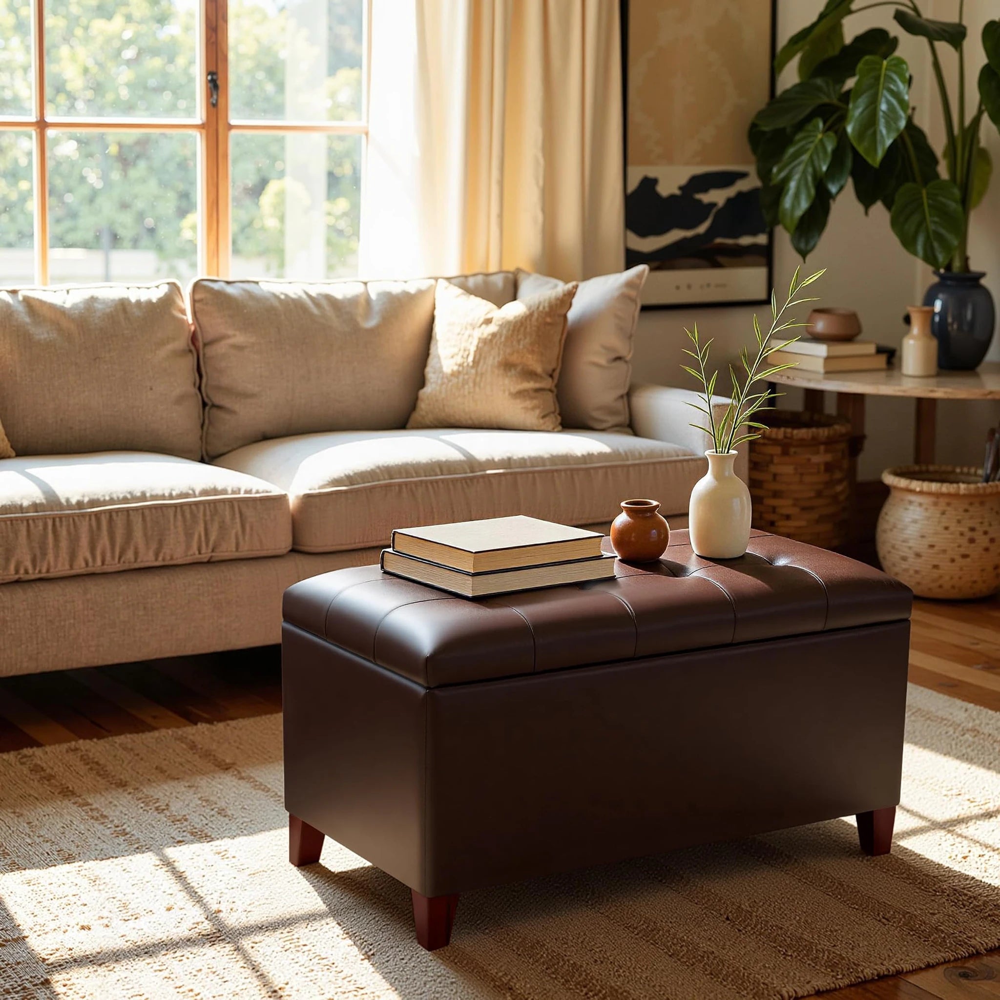 Joveco Matte Chocolate With Wheels Tufted Faux Leather Storage Ottoman – lifestyle room view