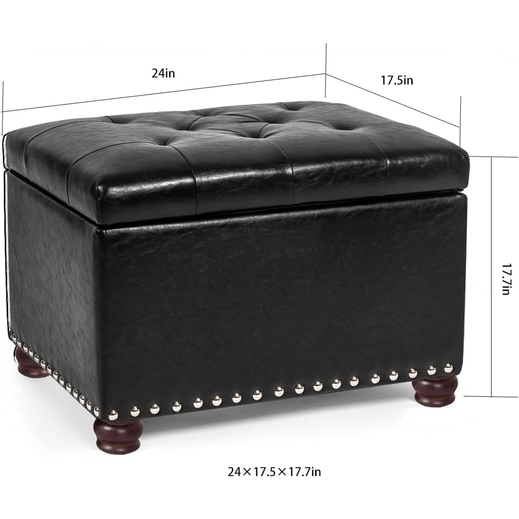 Joveco Midnight Black Tufted Faux Leather Storage Ottoman – dimensions chart