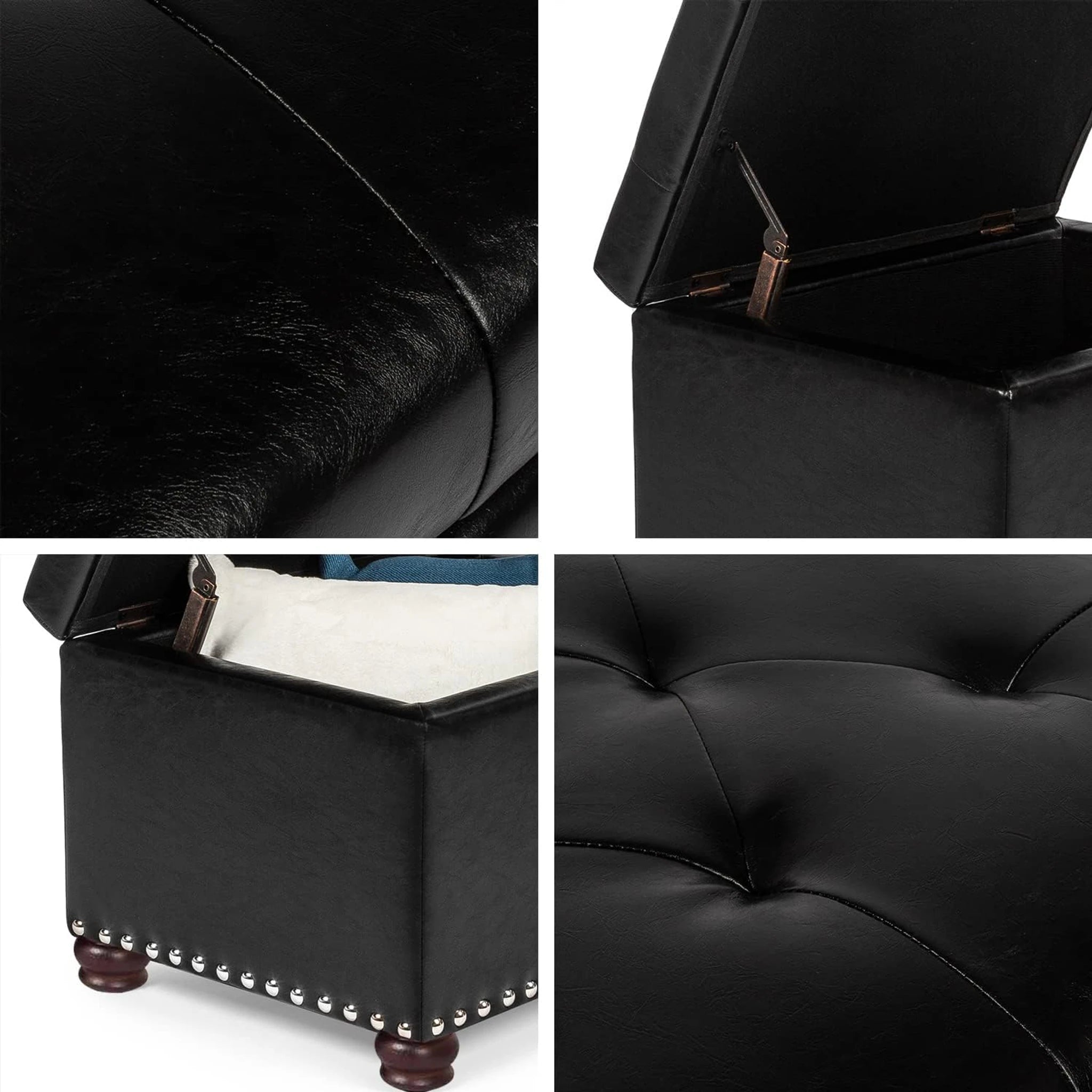 Joveco Midnight Black Tufted Faux Leather Storage Ottoman – detail and materials view