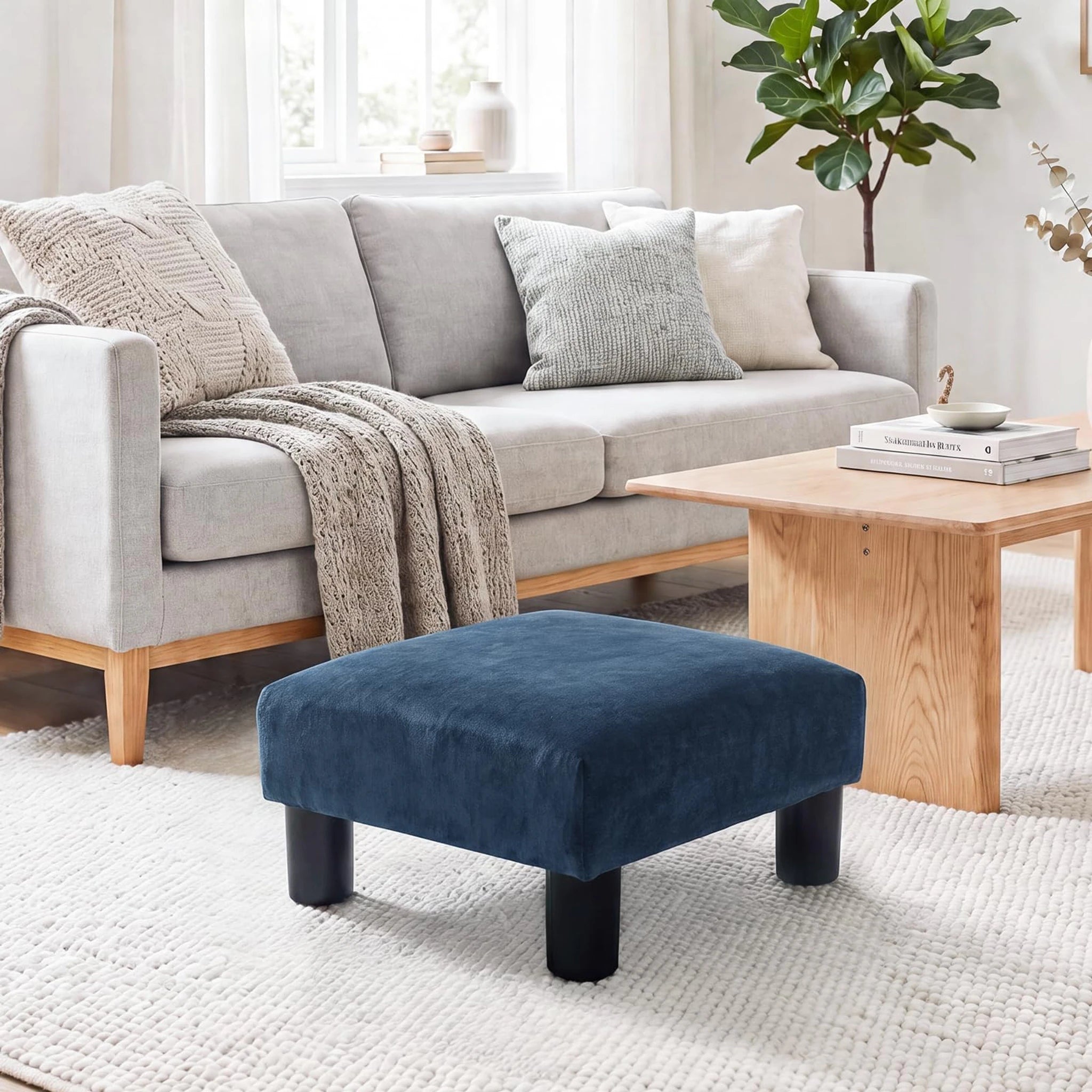 Joveco Navy Blue Metro Small Fabric Footrest Stool – detail and materials view