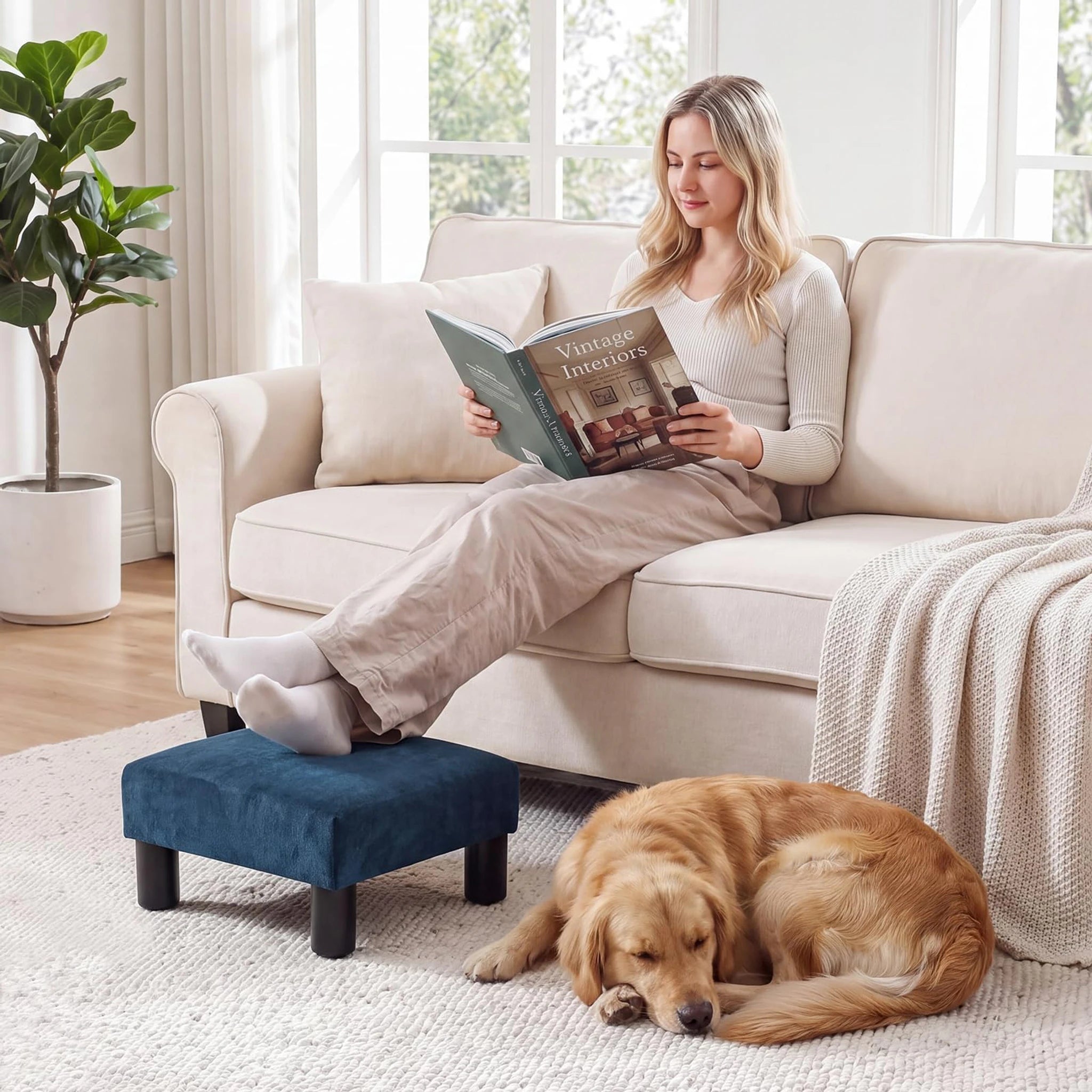 Joveco Navy Blue Metro Small Fabric Footrest Stool – lifestyle room view