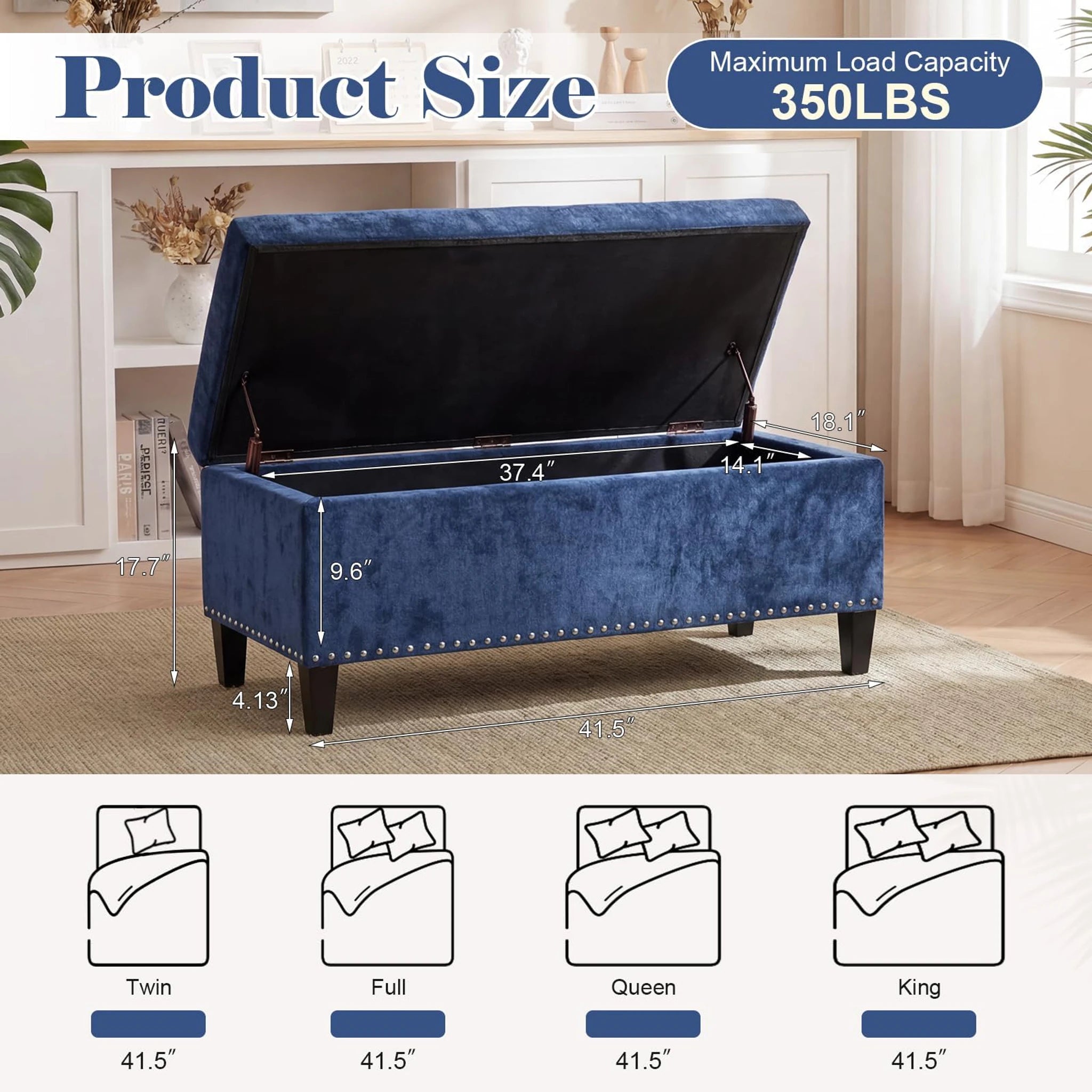 Joveco Navy Blue Tufted Linen Storage Ottoman – dimensions chart