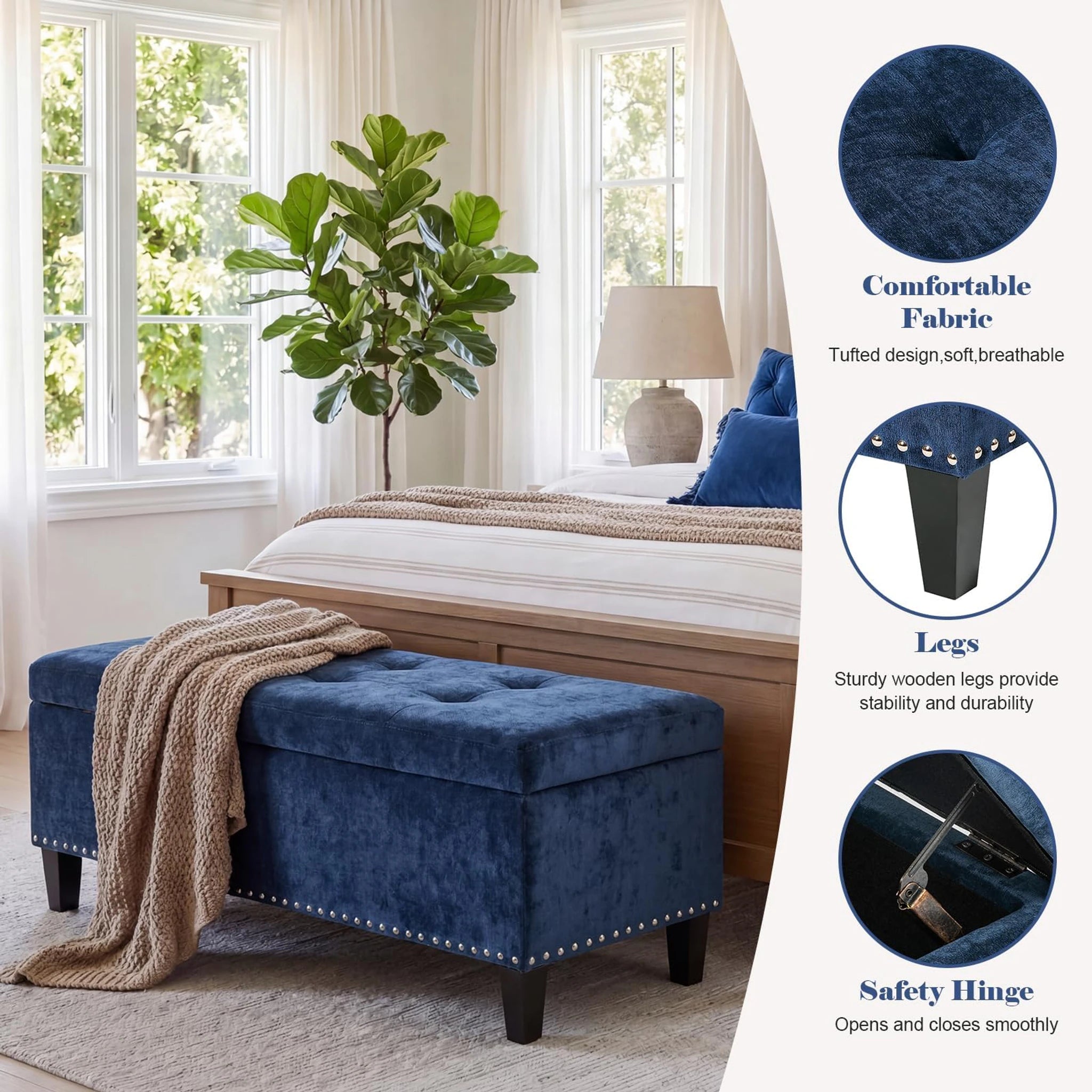 Joveco Navy Blue Tufted Linen Storage Ottoman – detail and materials view