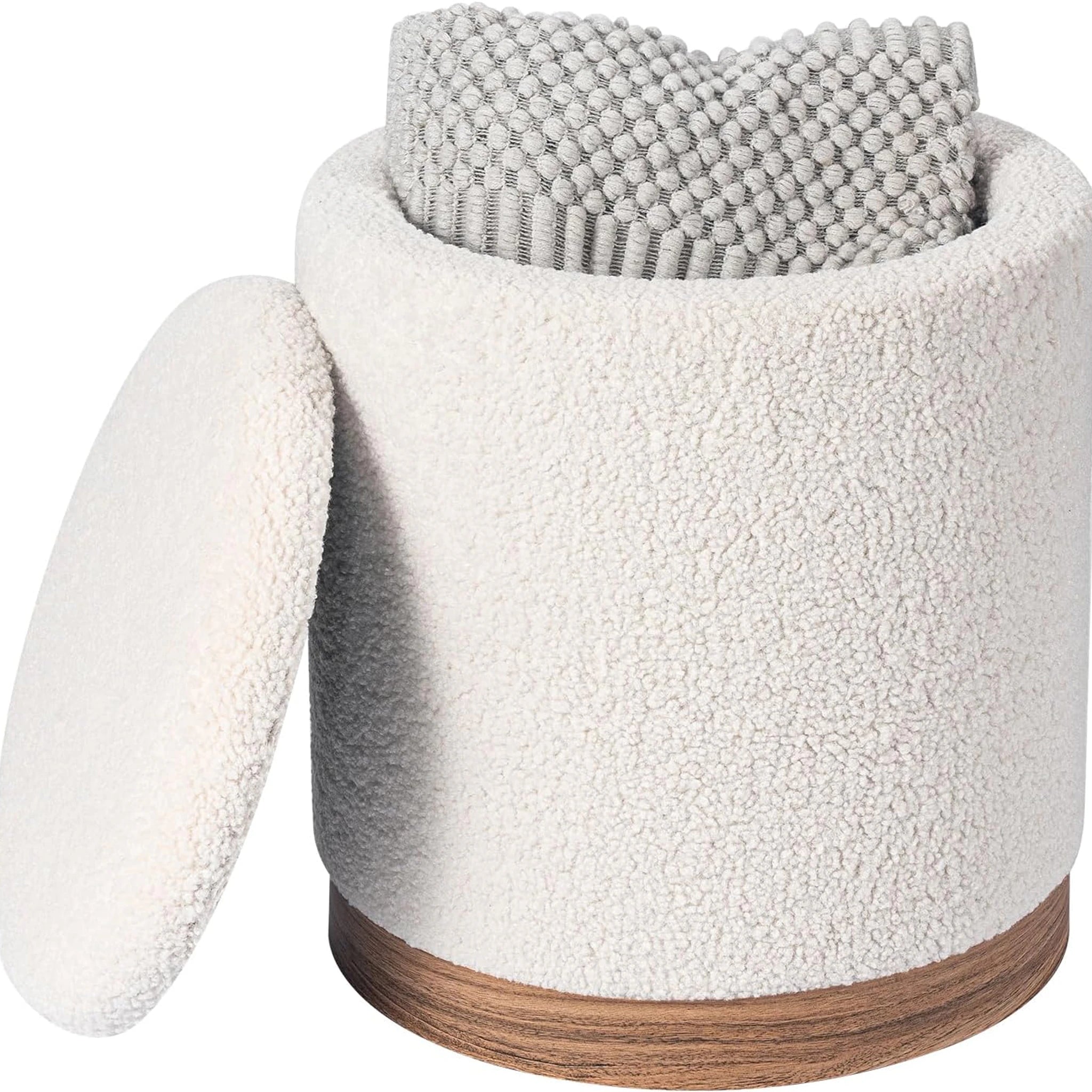 Joveco Oatmeal Wood Trim Metro Round Boucle Storage Ottoman – styled home scene
