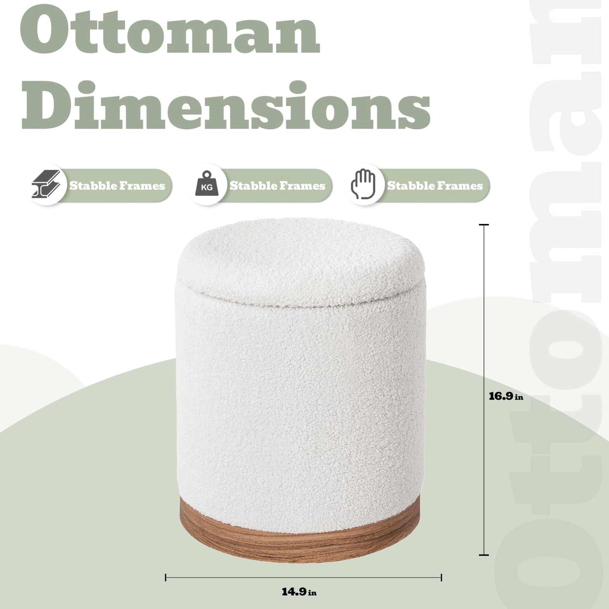 Joveco Oatmeal Wood Trim Metro Round Boucle Storage Ottoman – dimensions chart