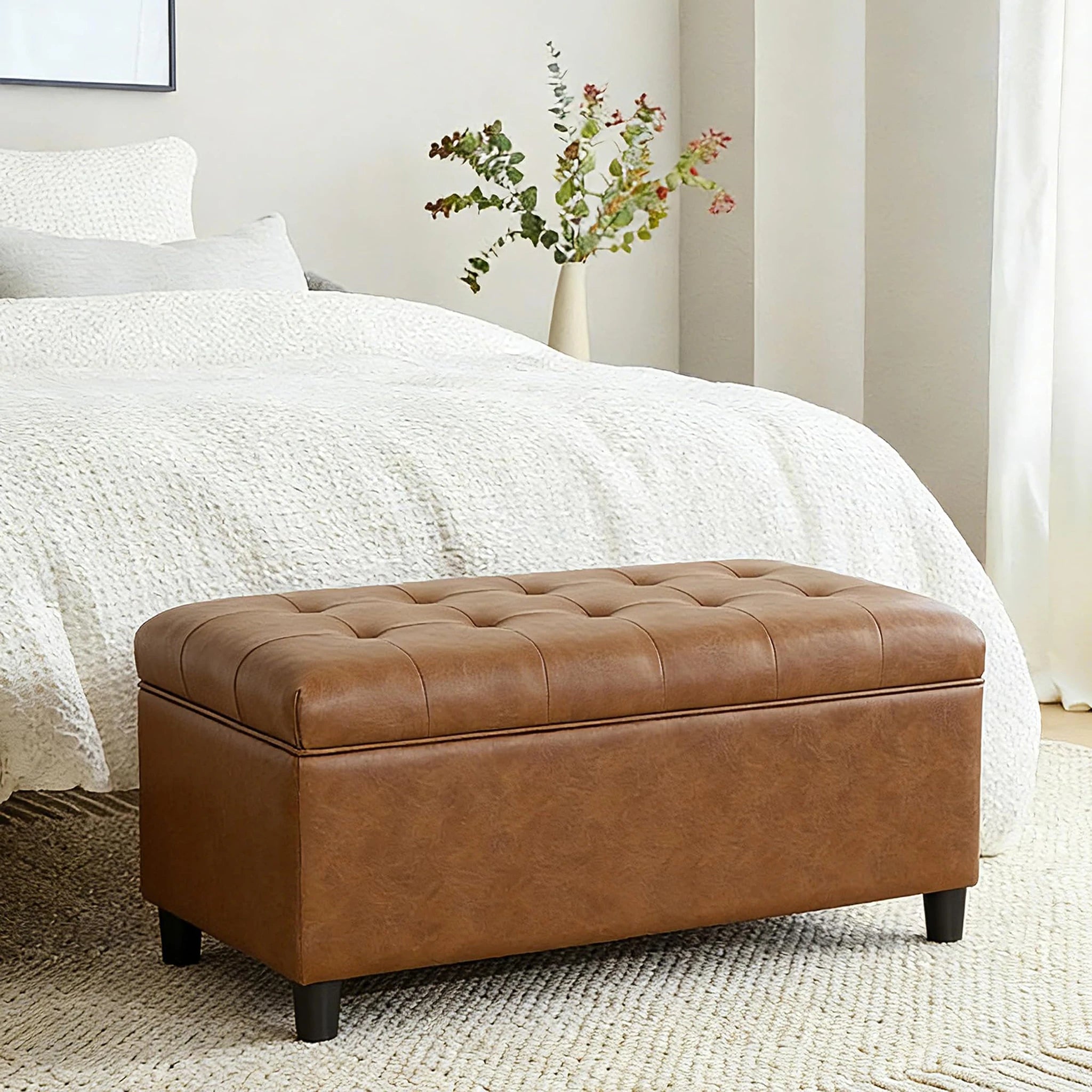 Joveco Ochre Yellow Lift-Top Linen Storage Ottoman Bench – styled home scene