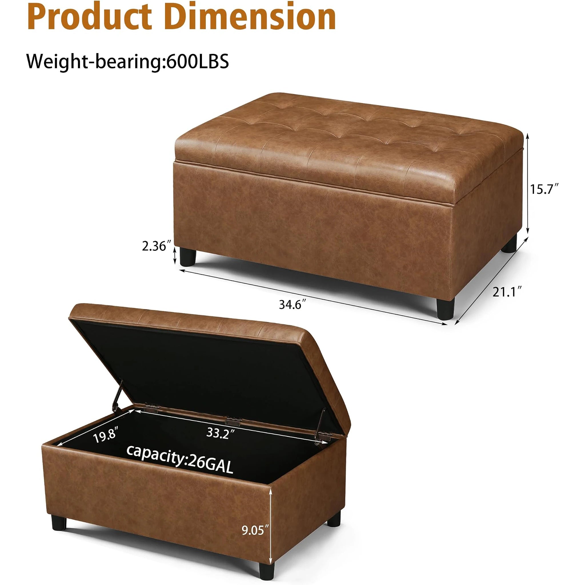 Joveco Ochre Yellow Lift-Top Linen Storage Ottoman Bench – dimensions chart