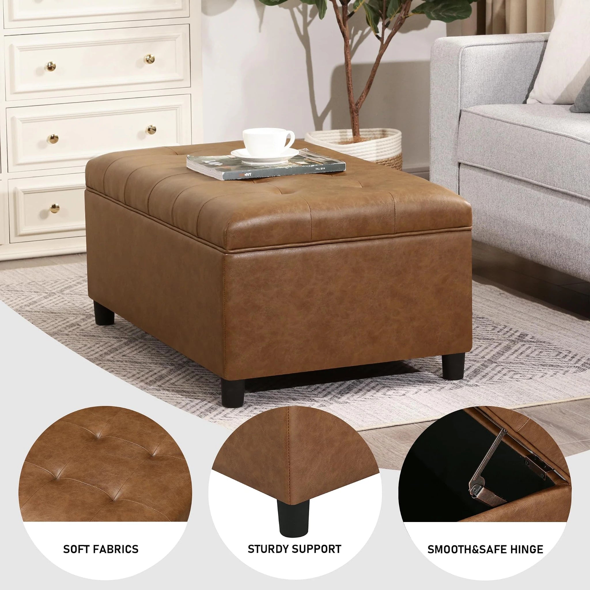 Joveco Ochre Yellow Lift-Top Linen Storage Ottoman Bench – detail and materials view