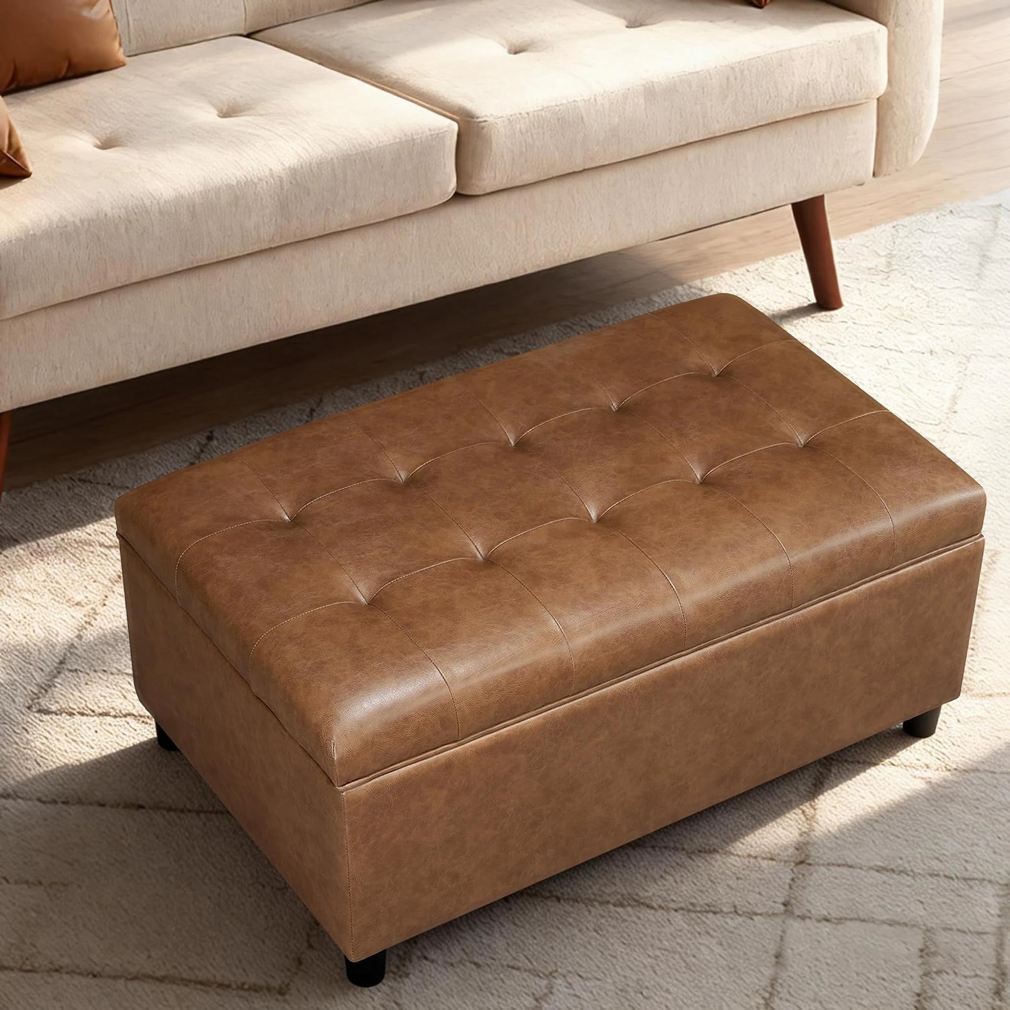Joveco Ochre Yellow Lift-Top Linen Storage Ottoman Bench – lifestyle room view