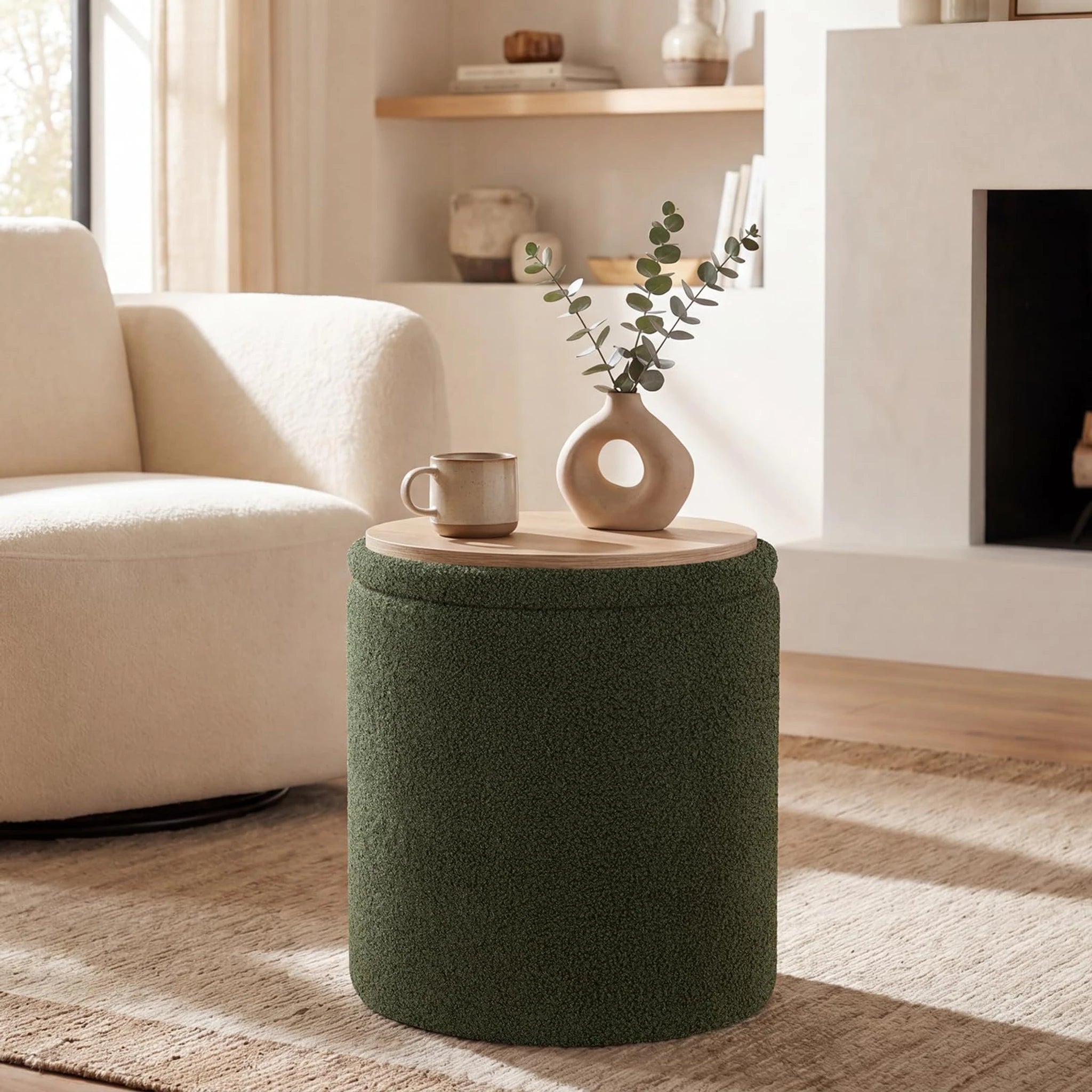 Joveco Olive Green Tray-Top Lift-Top Corduroy Round Storage Ottoman – styled home scene