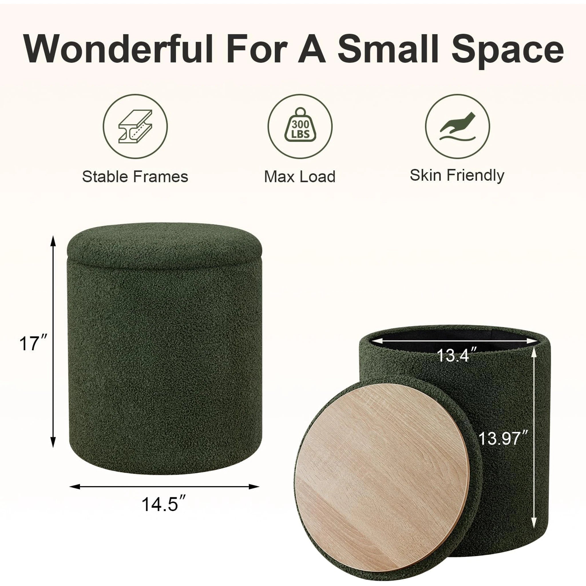 Joveco Olive Green Tray-Top Lift-Top Corduroy Round Storage Ottoman – dimensions chart