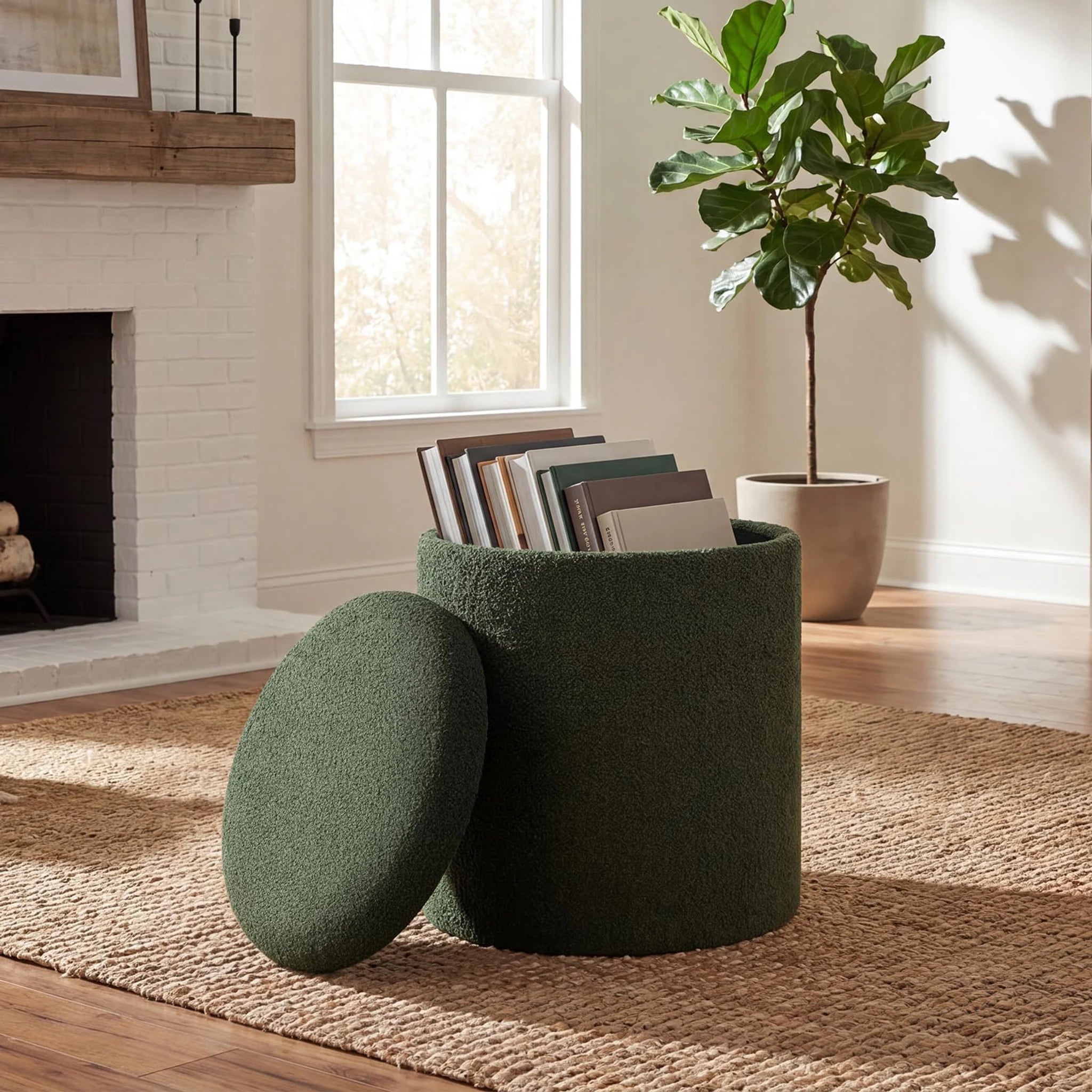 Joveco Olive Green Tray-Top Lift-Top Corduroy Round Storage Ottoman – lifestyle room view