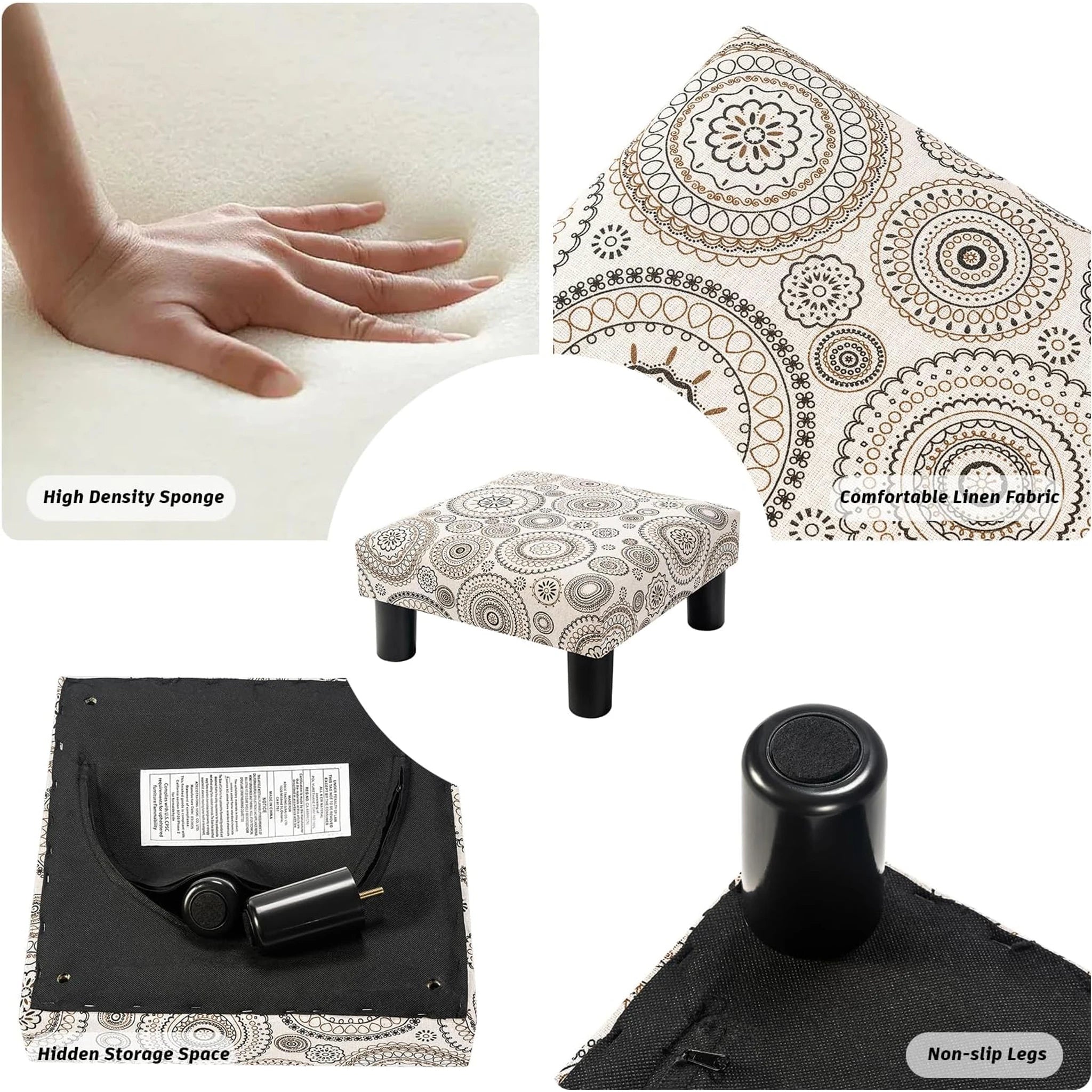 Joveco Printing Beige Velvet Footrest Stool – detail and materials view
