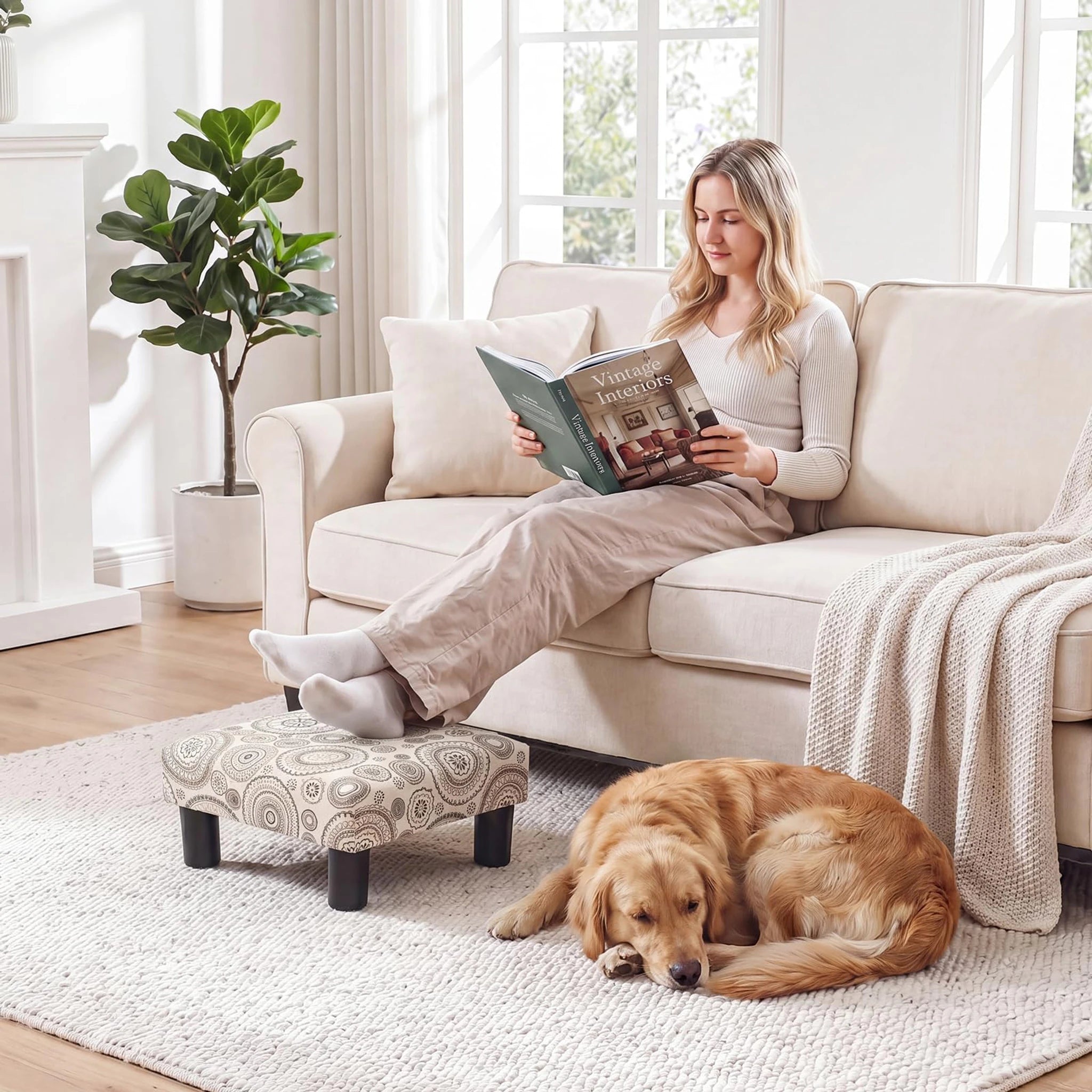 Joveco Printing Beige Velvet Footrest Stool – lifestyle room view