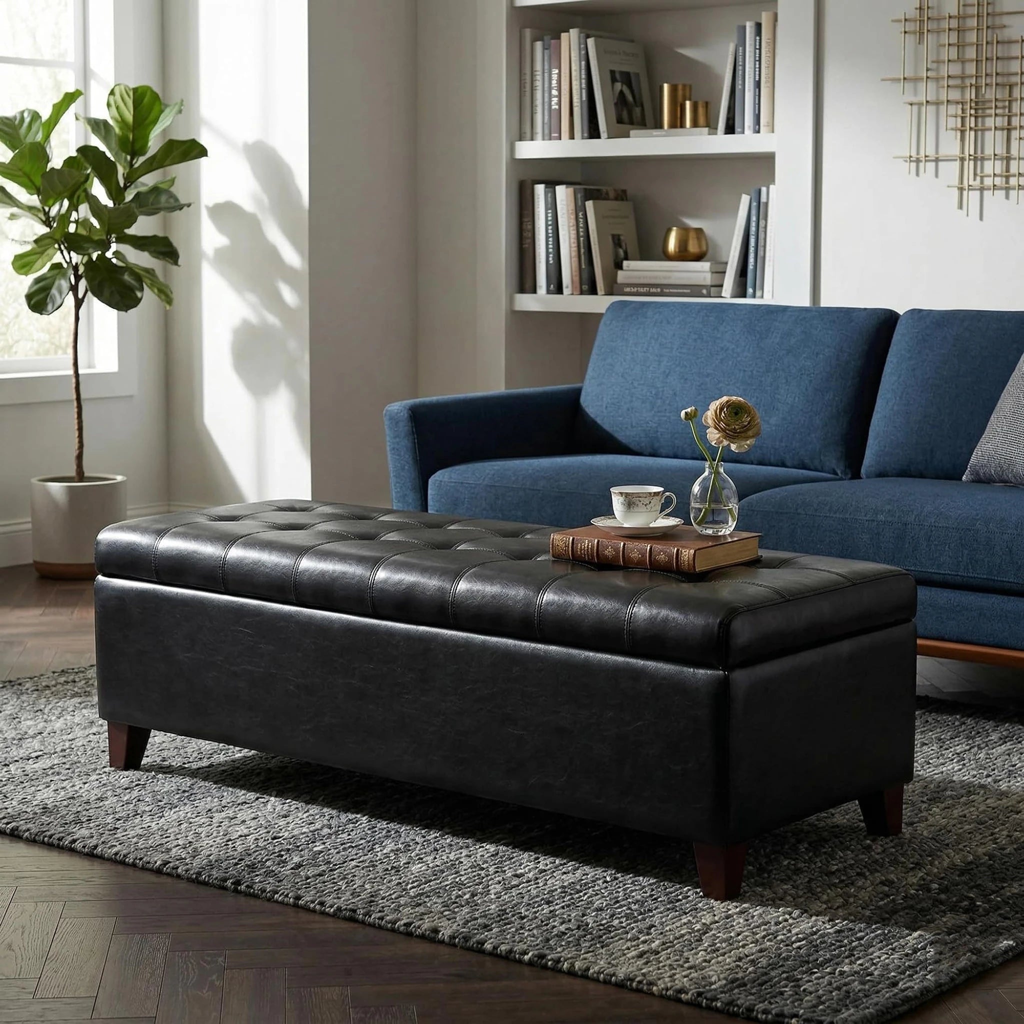 Joveco Pure Black Tufted Faux Leather Storage Ottoman Bench – styled home scene