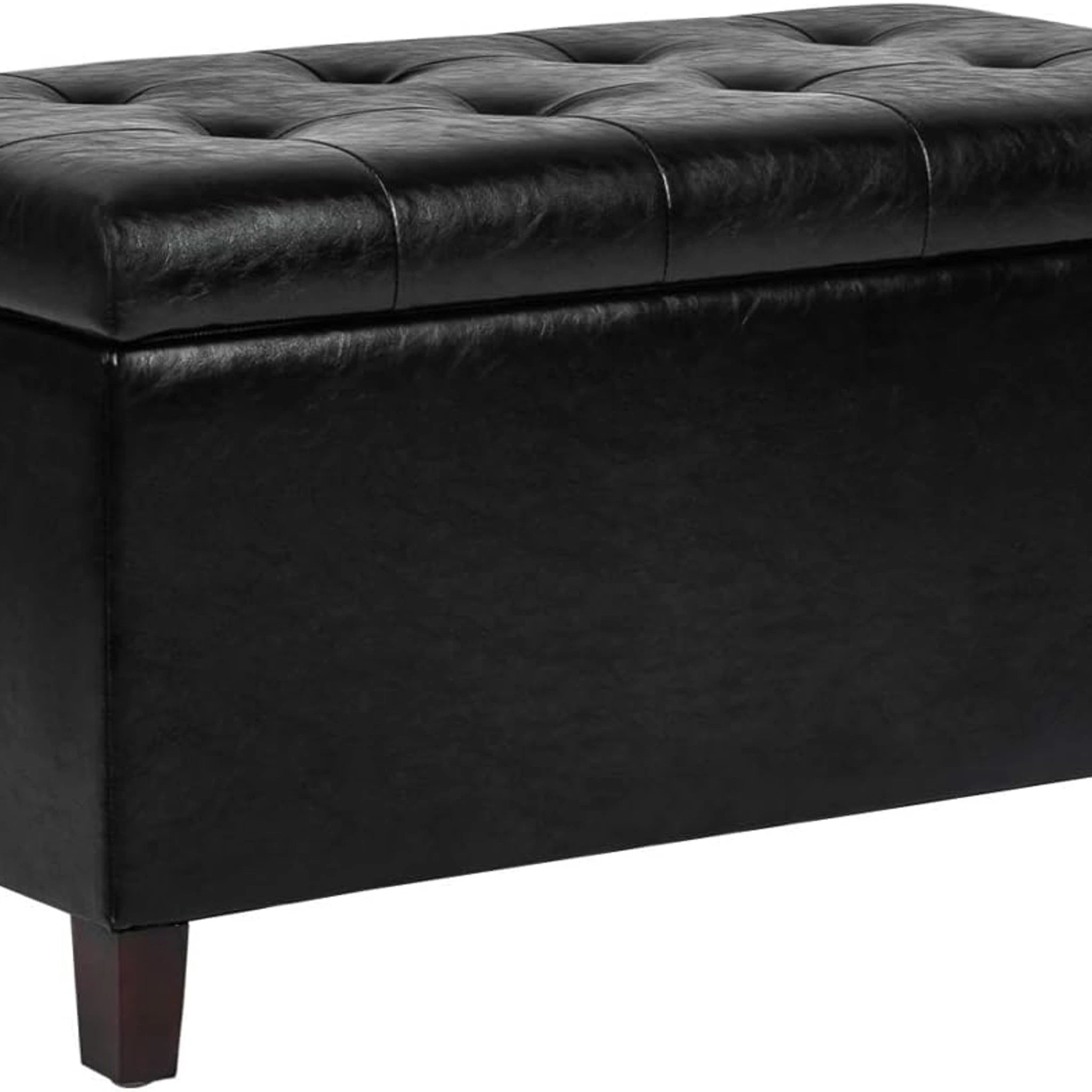 Joveco Rectangular Black Tufted Faux Leather Storage Ottoman – styled home scene