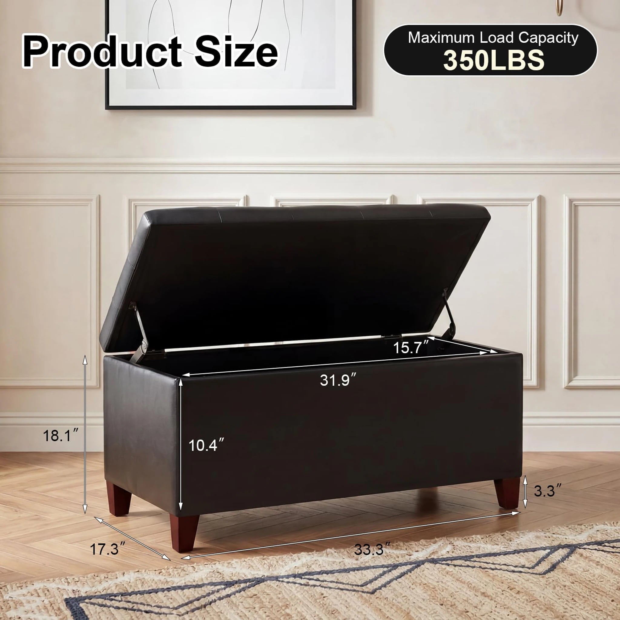 Joveco Rectangular Black Tufted Faux Leather Storage Ottoman – dimensions chart