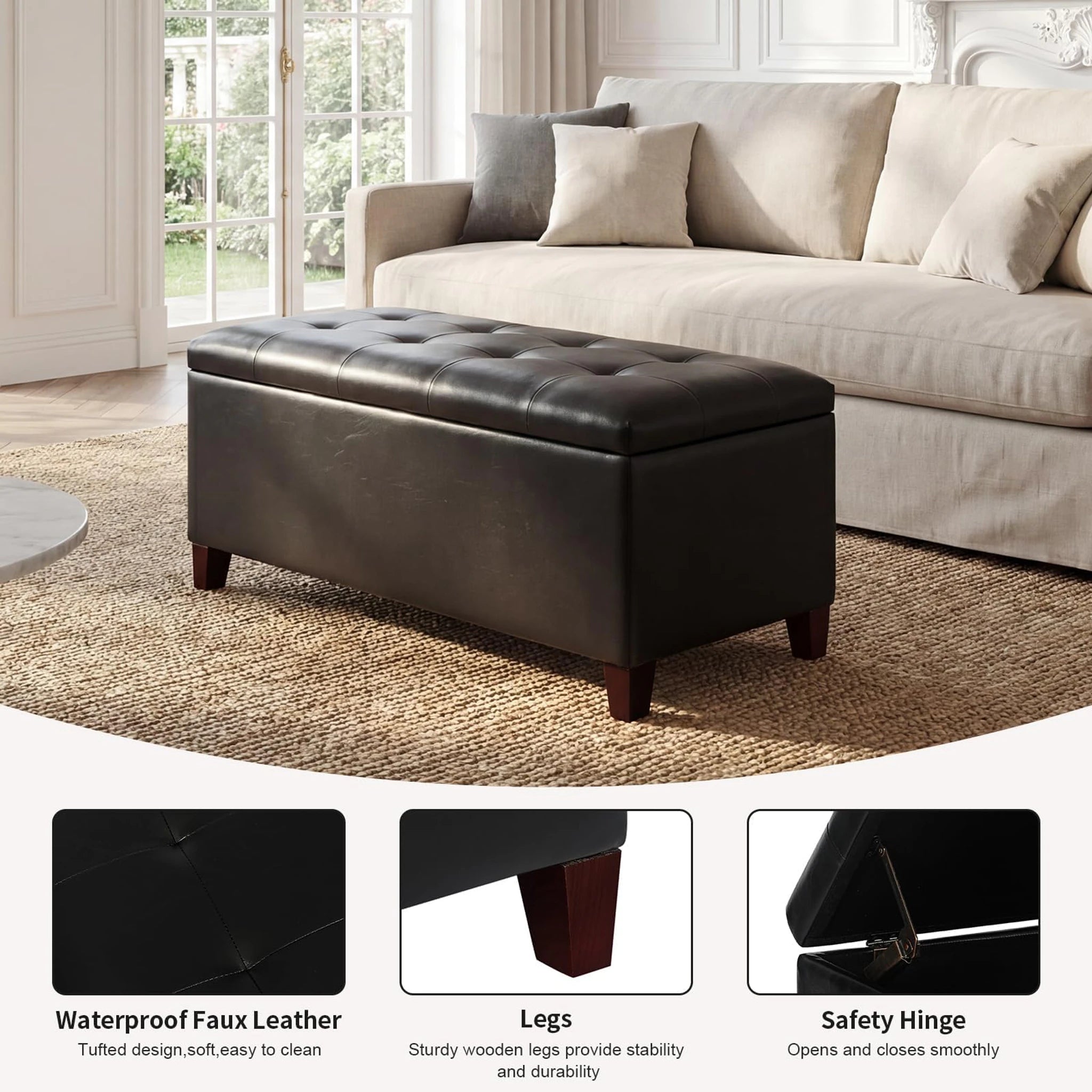 Joveco Rectangular Black Tufted Faux Leather Storage Ottoman – detail and materials view