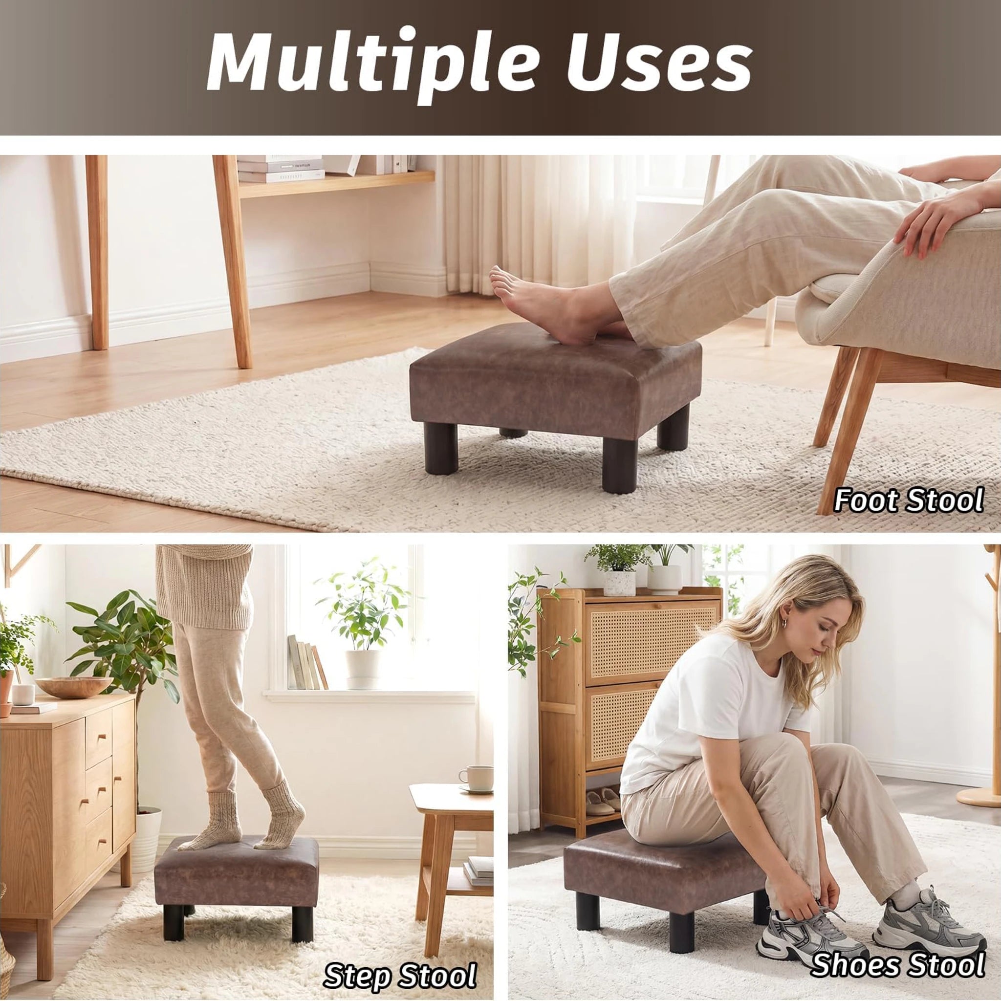 Joveco Taupe Brown Faux Leather Footrest Stool – lifestyle room view