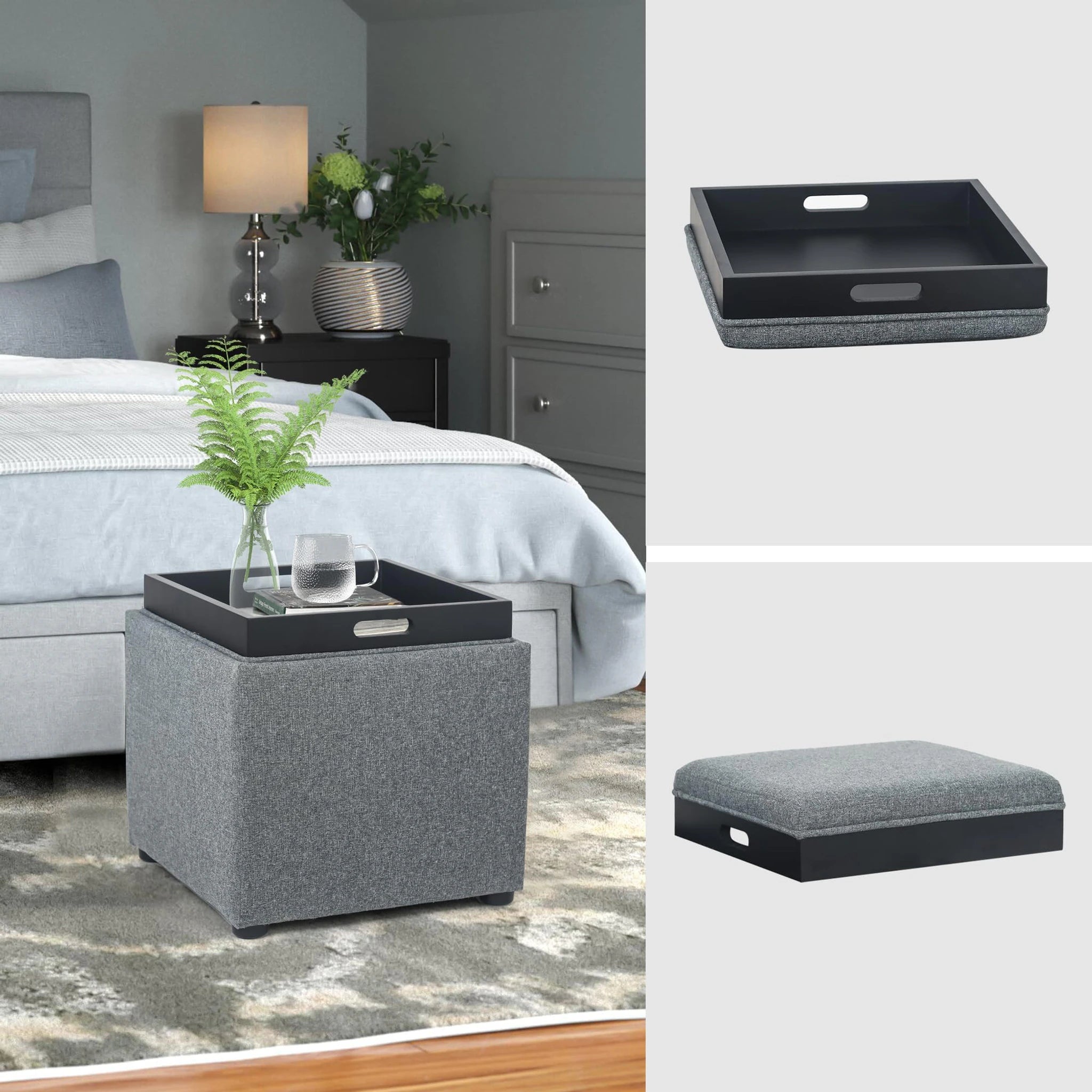 Joveco Tray, Grey Tray-Top Linen Square Storage Ottoman – detail and materials view