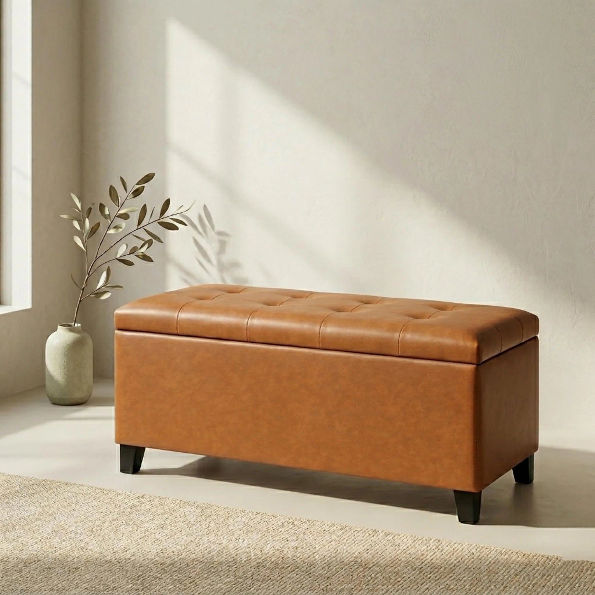 Joveco Vibrant Orange Tufted Faux Leather Storage Ottoman – styled home scene