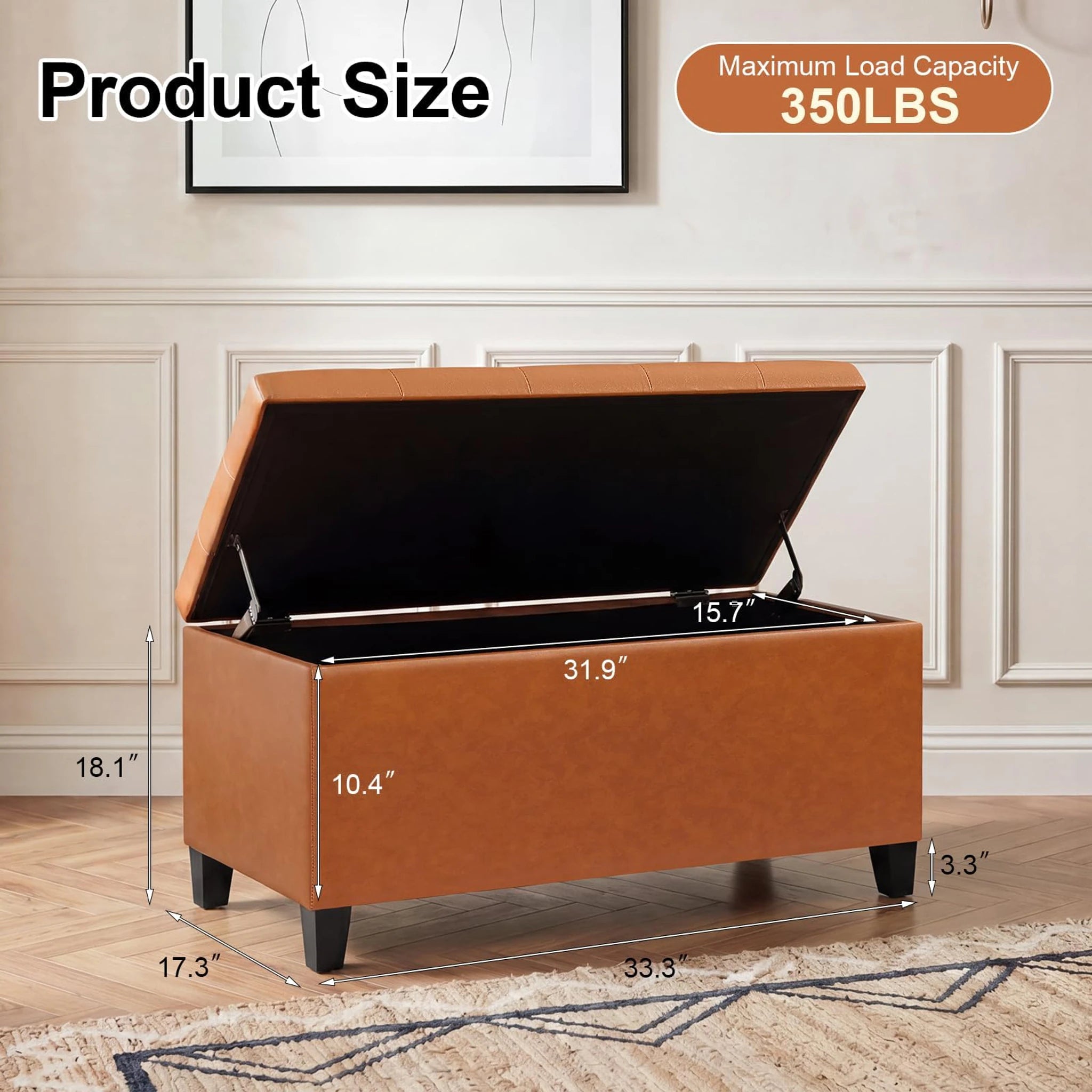 Joveco Vibrant Orange Tufted Faux Leather Storage Ottoman – dimensions chart