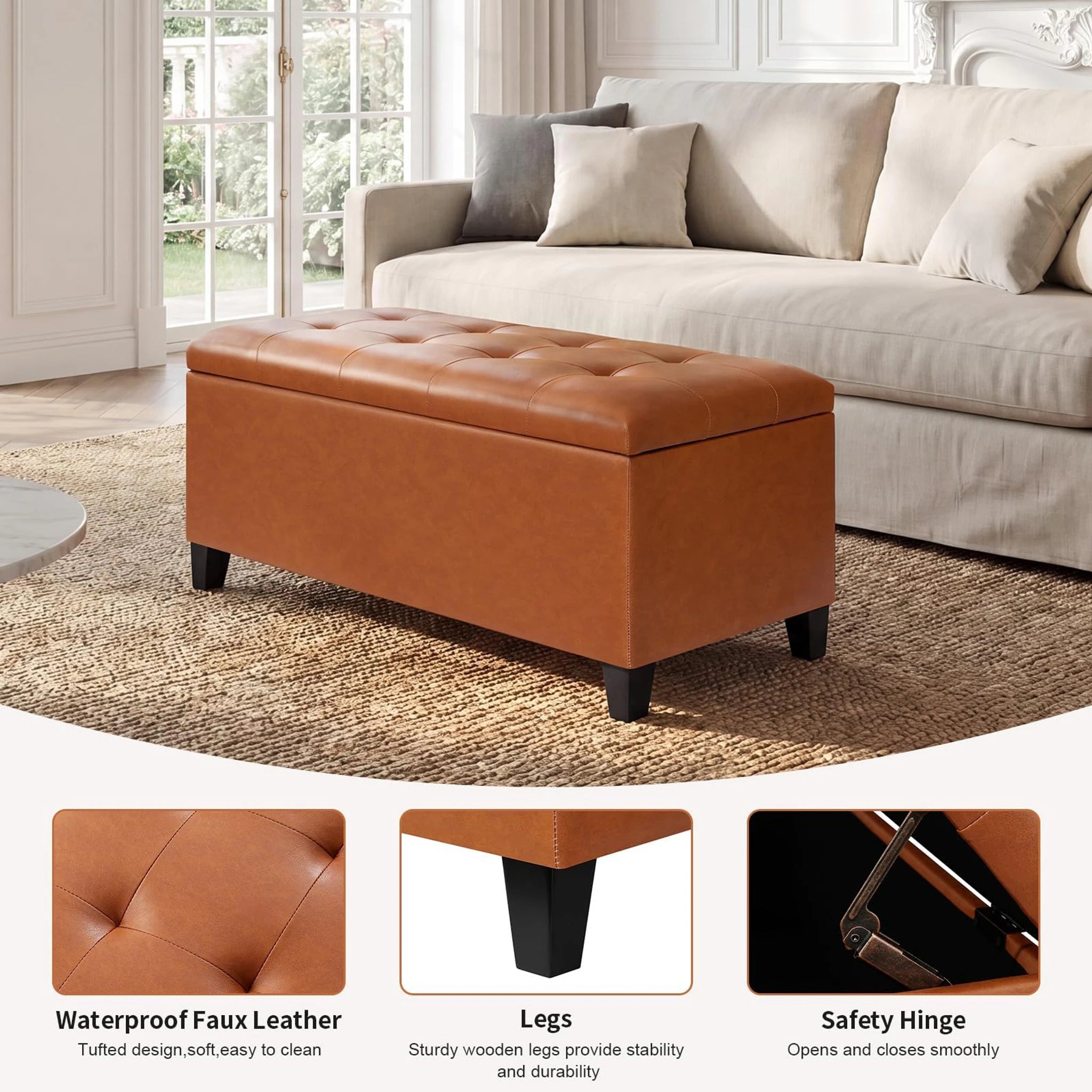 Joveco Vibrant Orange Tufted Faux Leather Storage Ottoman – detail and materials view