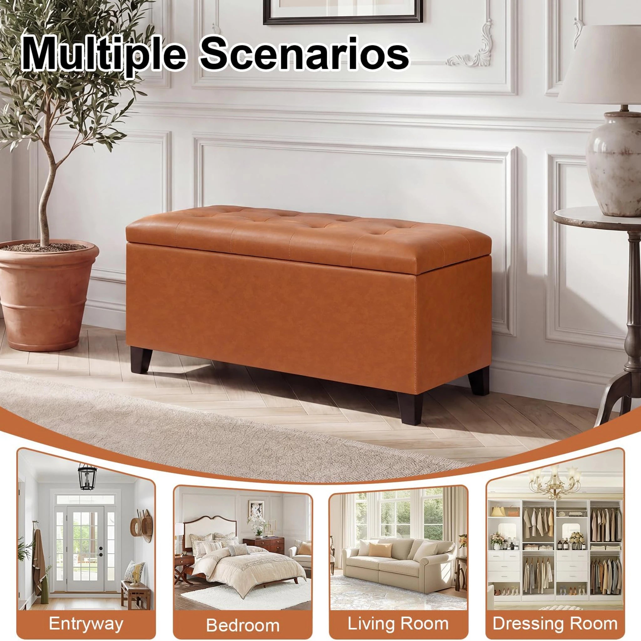 Joveco Vibrant Orange Tufted Faux Leather Storage Ottoman – lifestyle room view