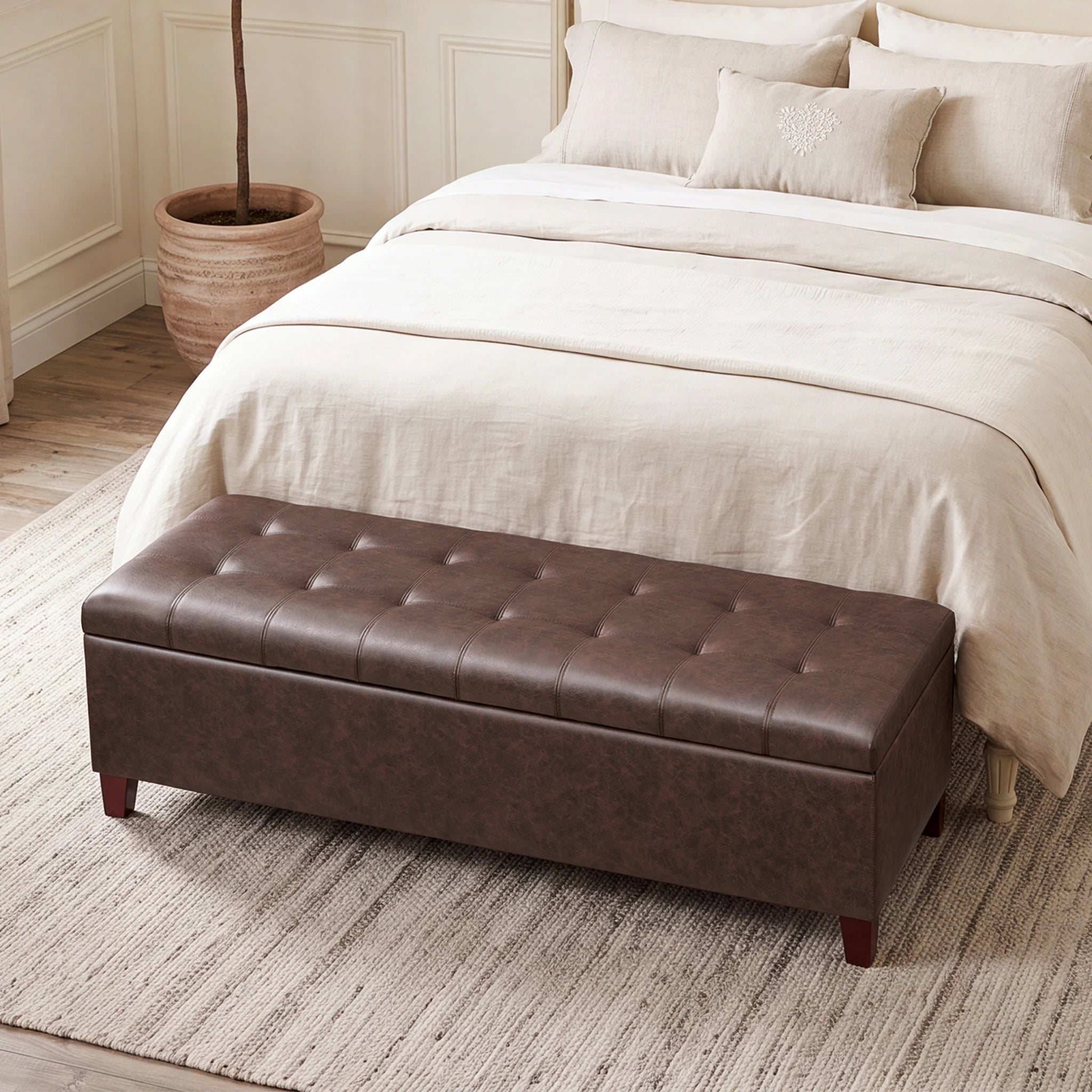 Joveco Vintage Brown Tufted Faux Leather Storage Ottoman Bench – styled home scene