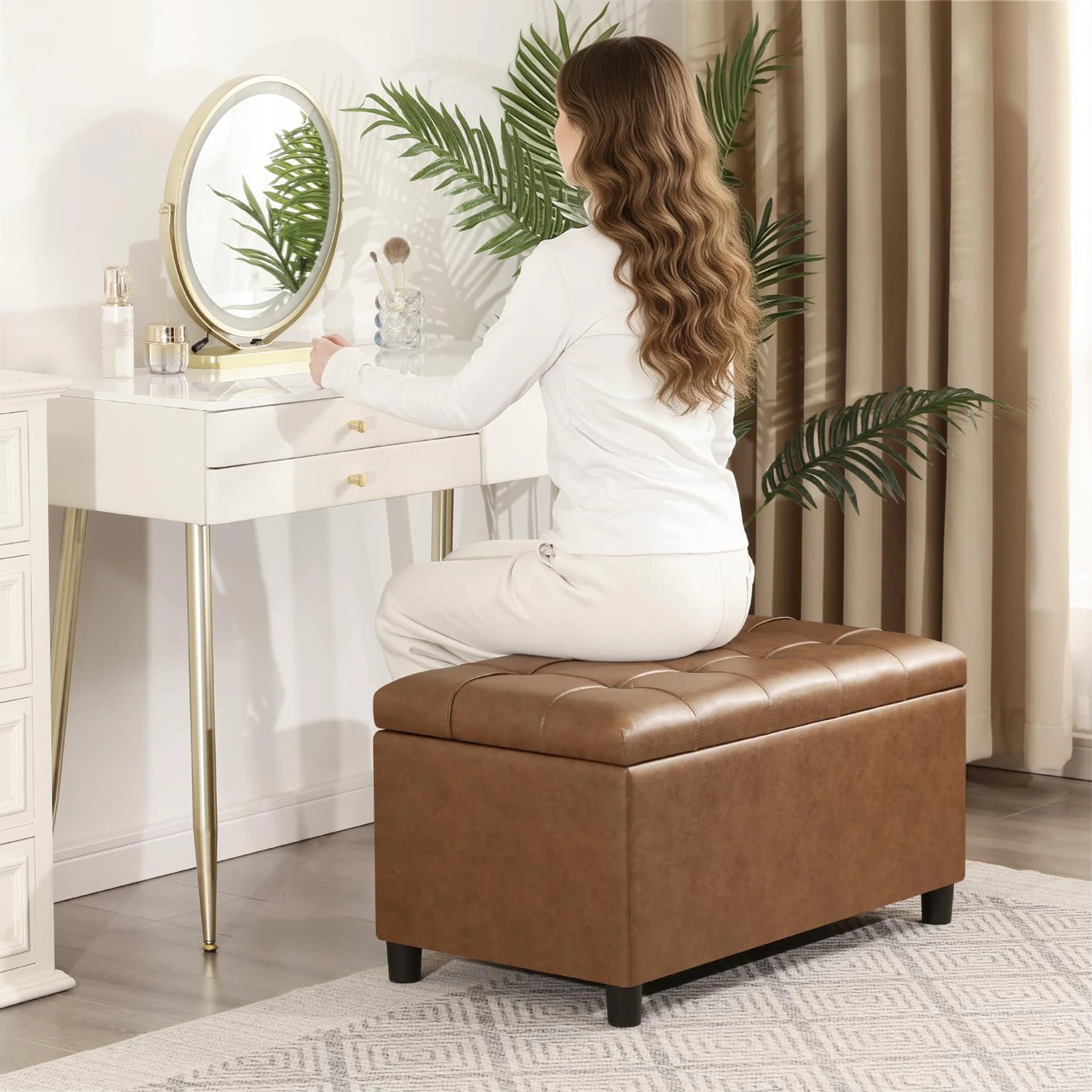 Joveco Warm Golden Brown Tufted Faux Leather Storage Ottoman – lifestyle room view