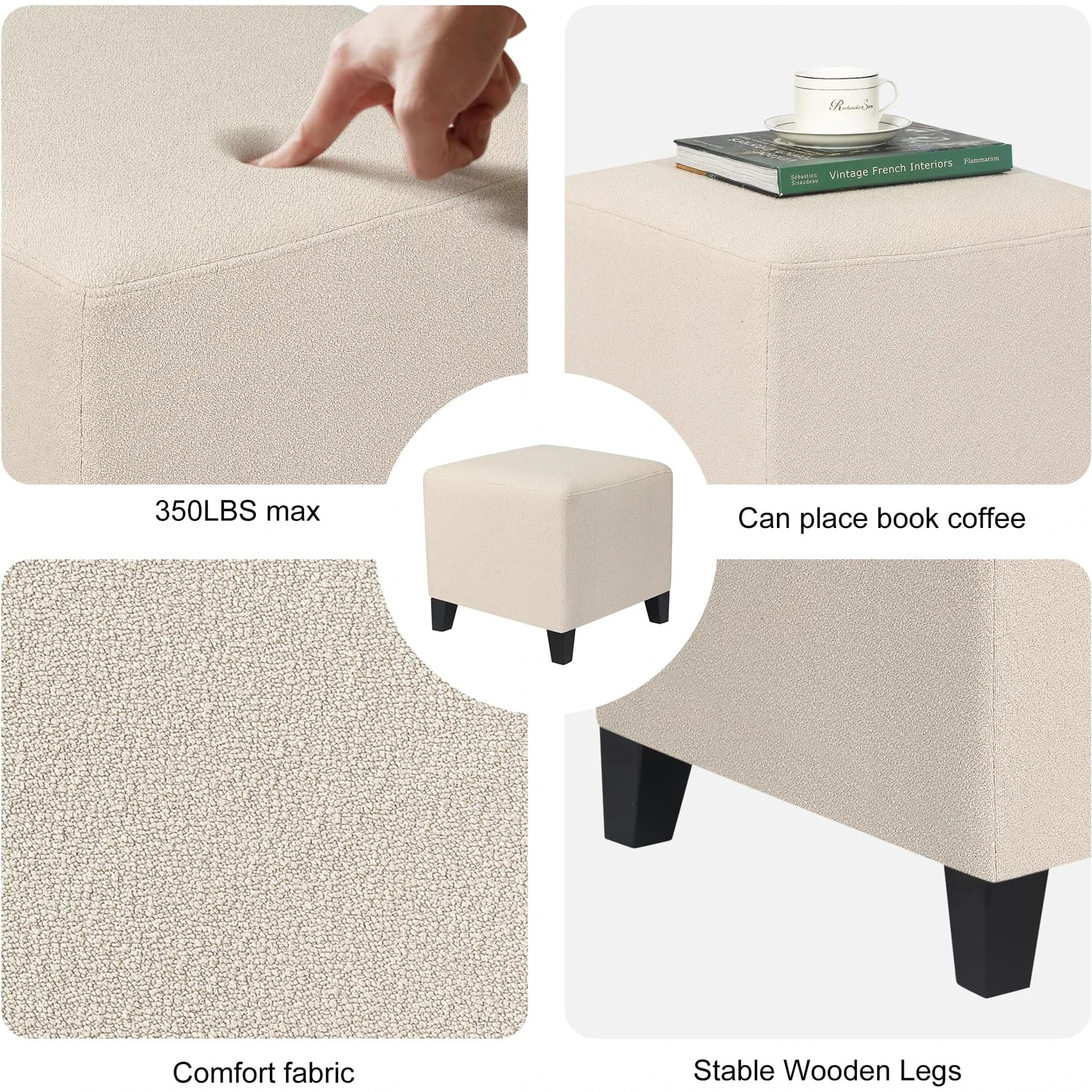 Joveco White Fabric Square Vanity Stool – detail and materials view