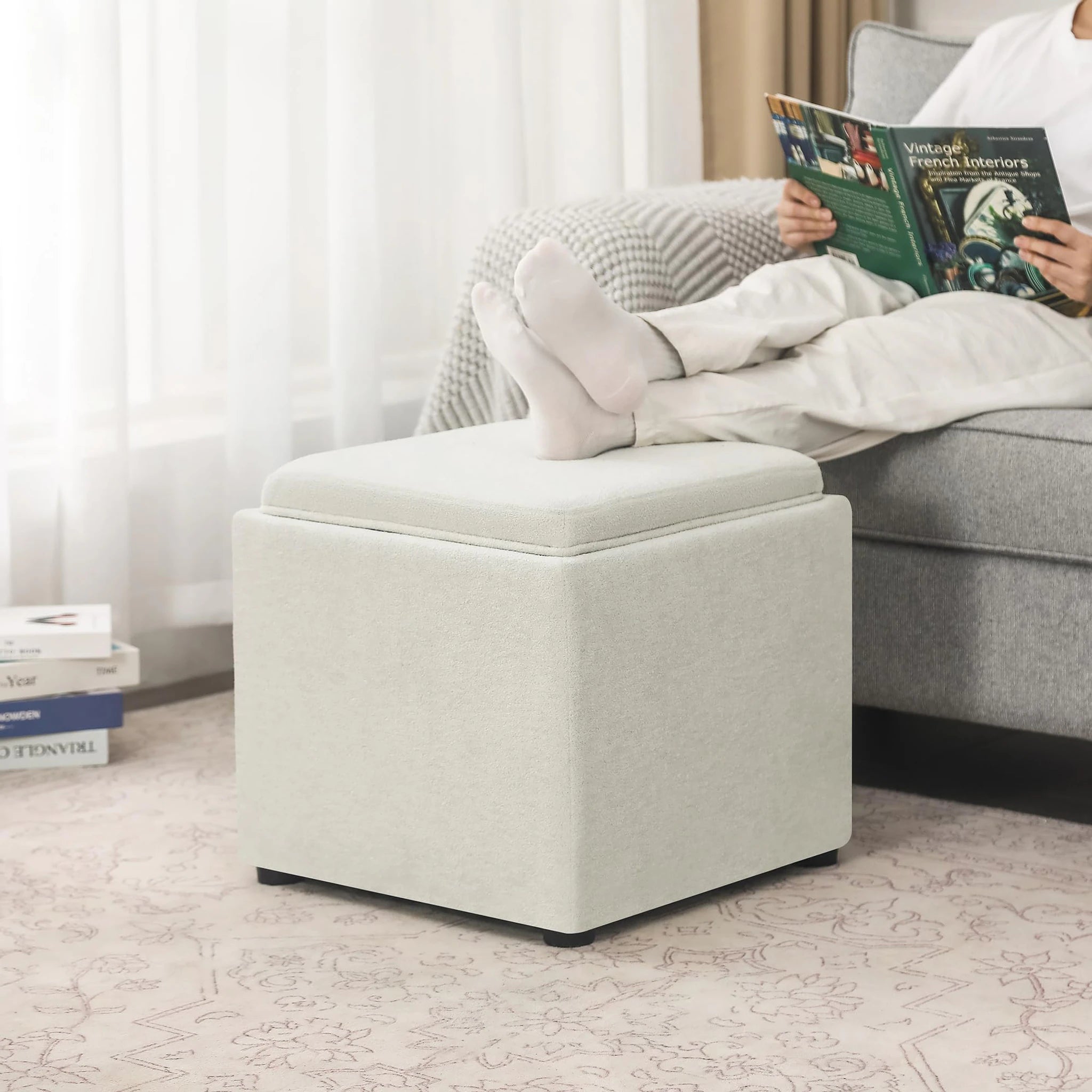 Joveco White Tray-Top Linen Square Storage Ottoman – lifestyle room view