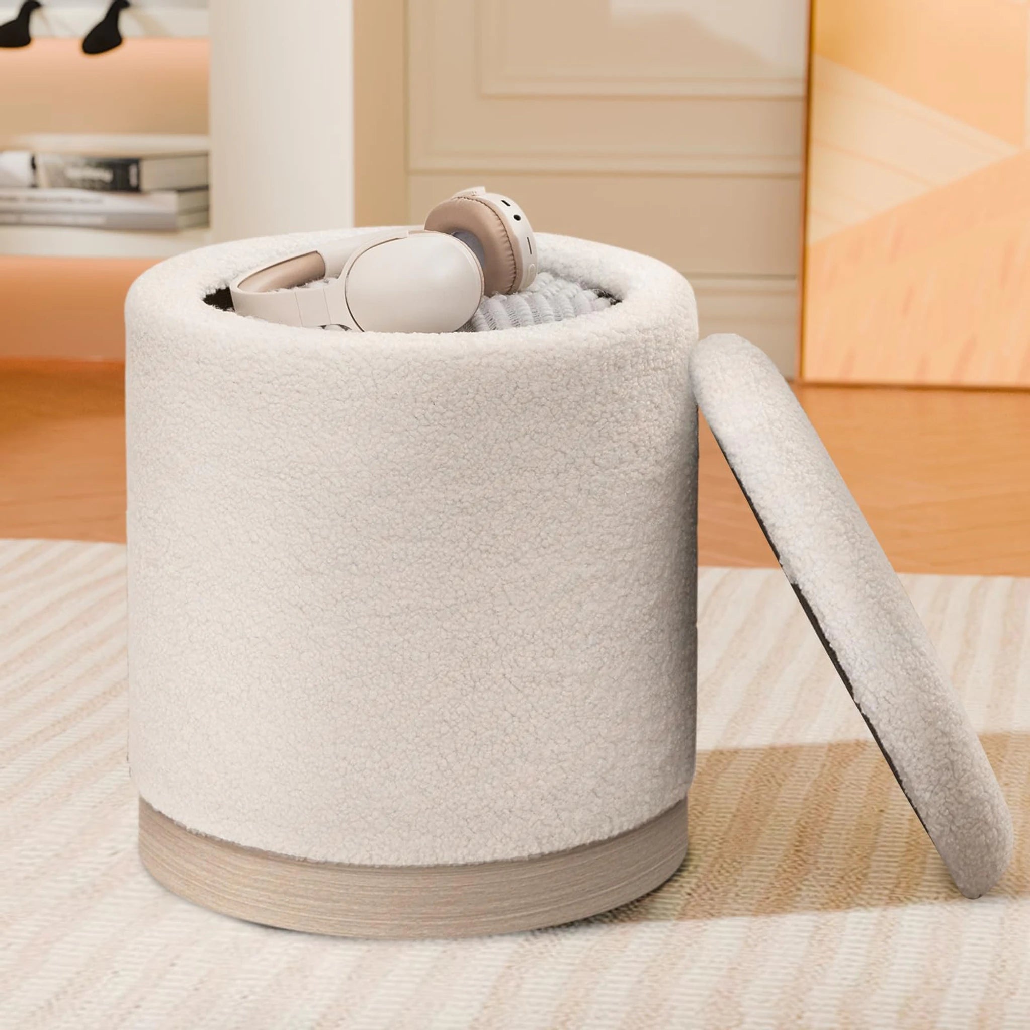 Joveco White With Light Wood Trim Metro Round Boucle Storage Ottoman – styled home scene