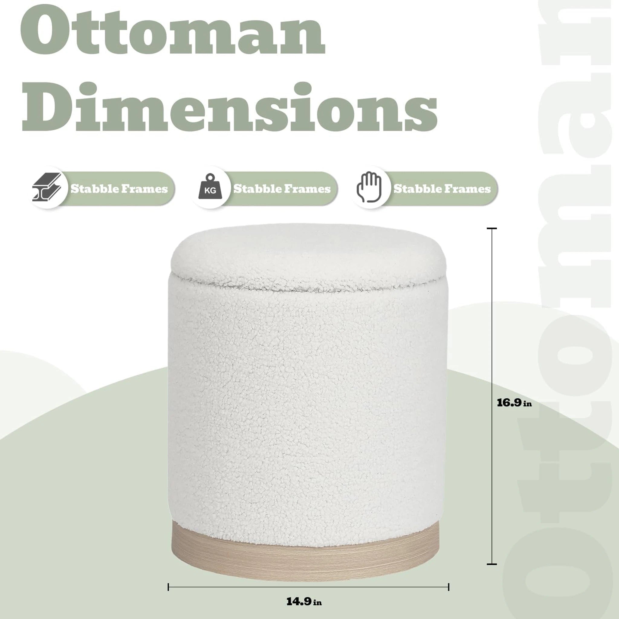Joveco White With Light Wood Trim Metro Round Boucle Storage Ottoman – dimensions chart