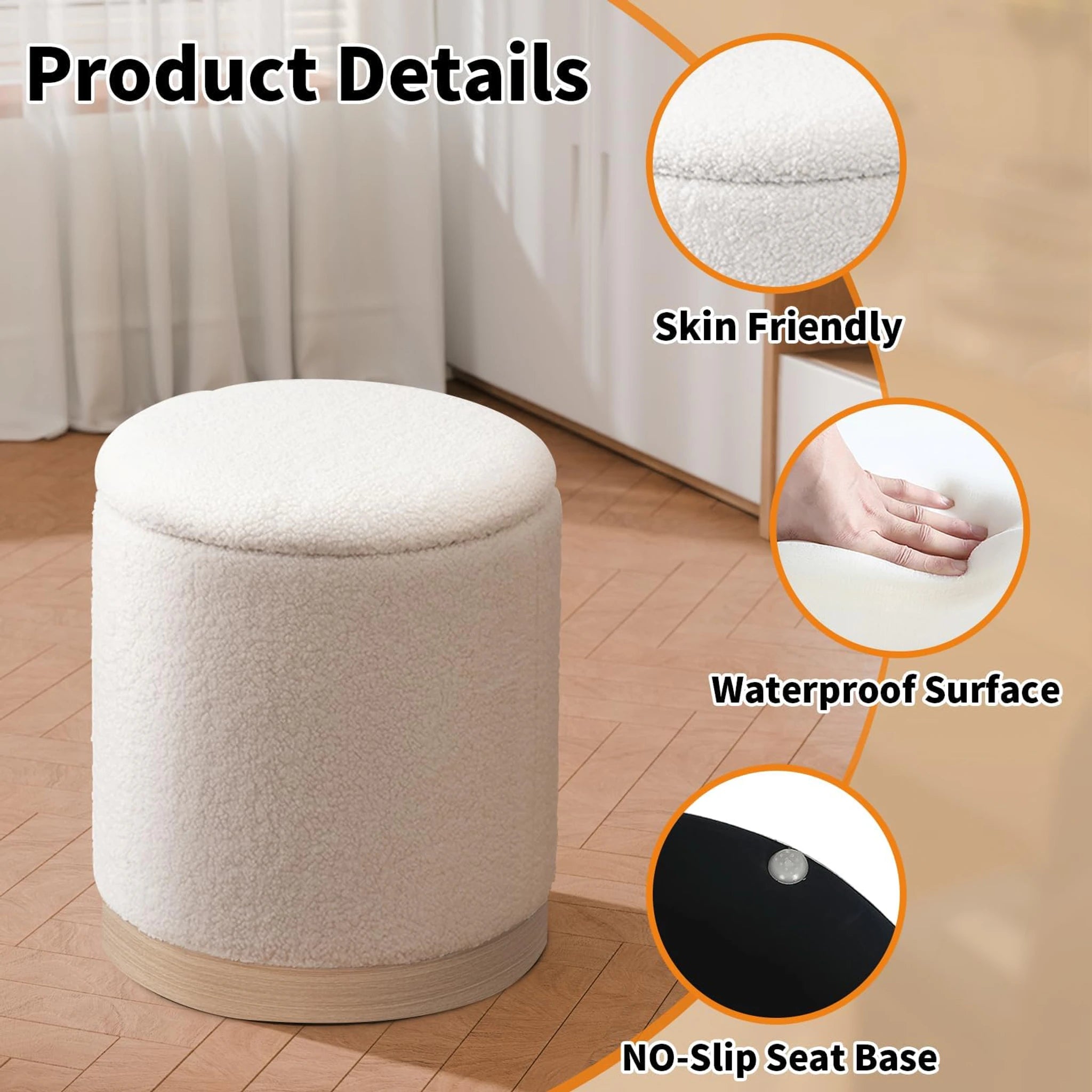 Joveco White With Light Wood Trim Metro Round Boucle Storage Ottoman – detail and materials view