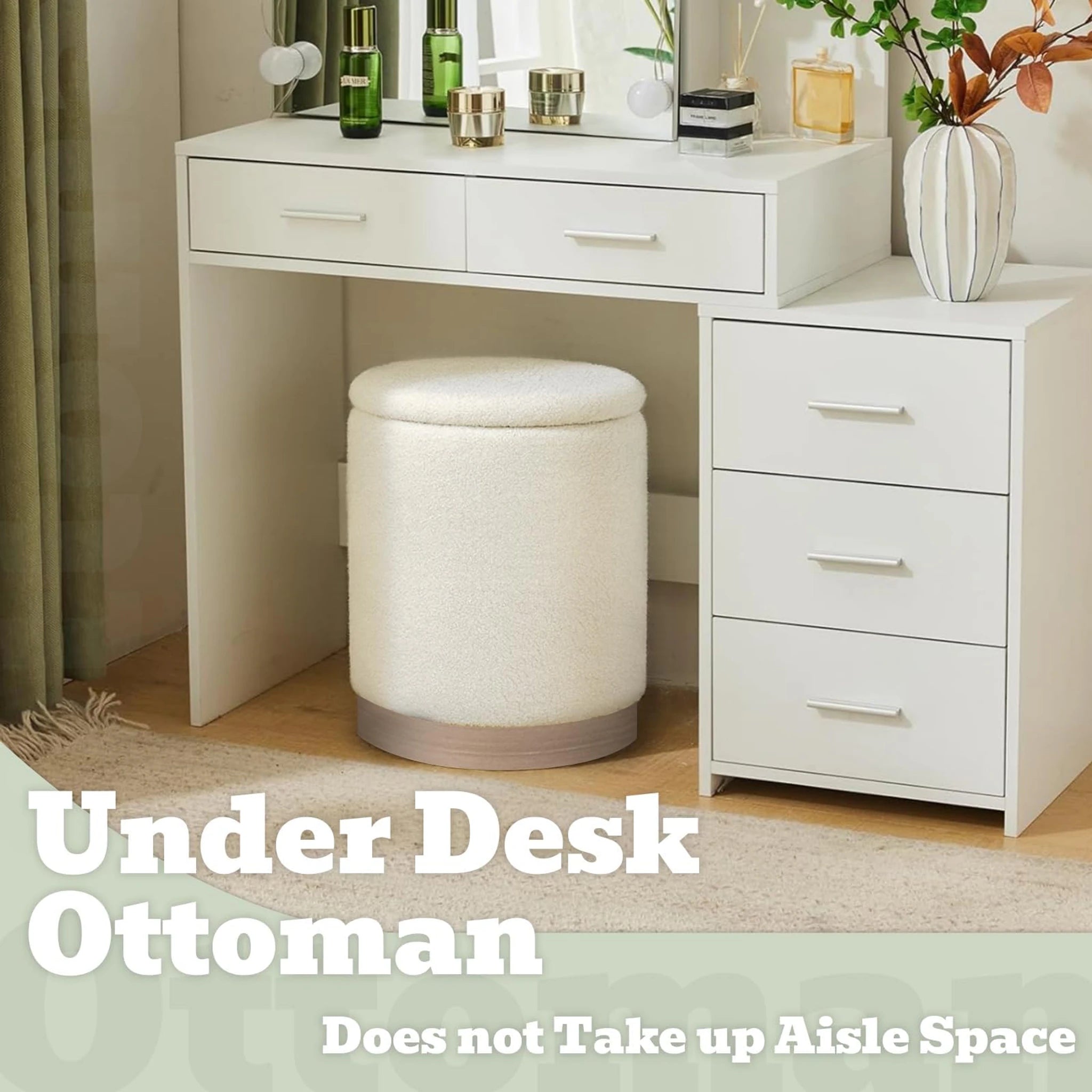 Joveco White With Light Wood Trim Metro Round Boucle Storage Ottoman – lifestyle room view