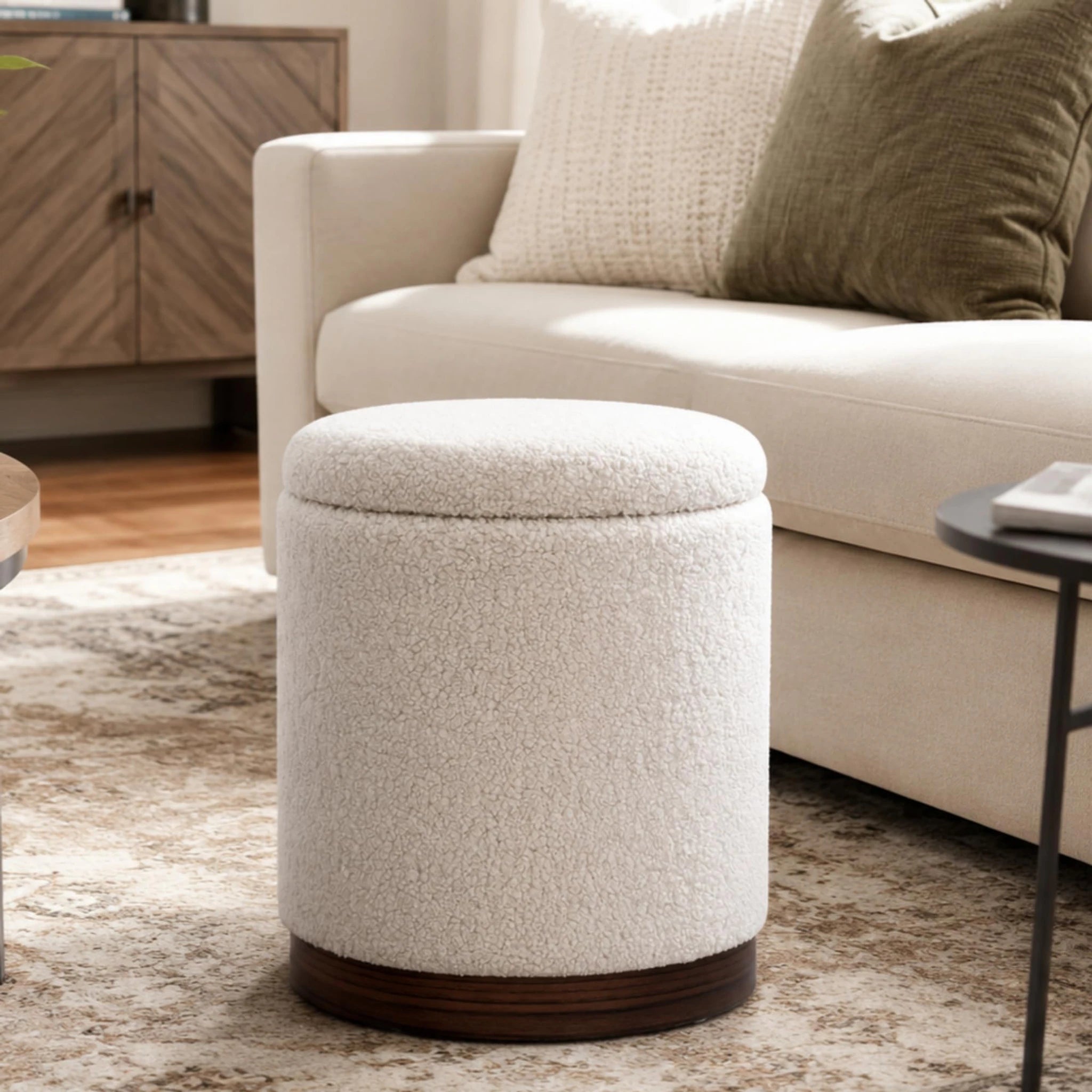 Joveco White With Walnut Wood Trim Metro Round Boucle Storage Ottoman – styled home scene