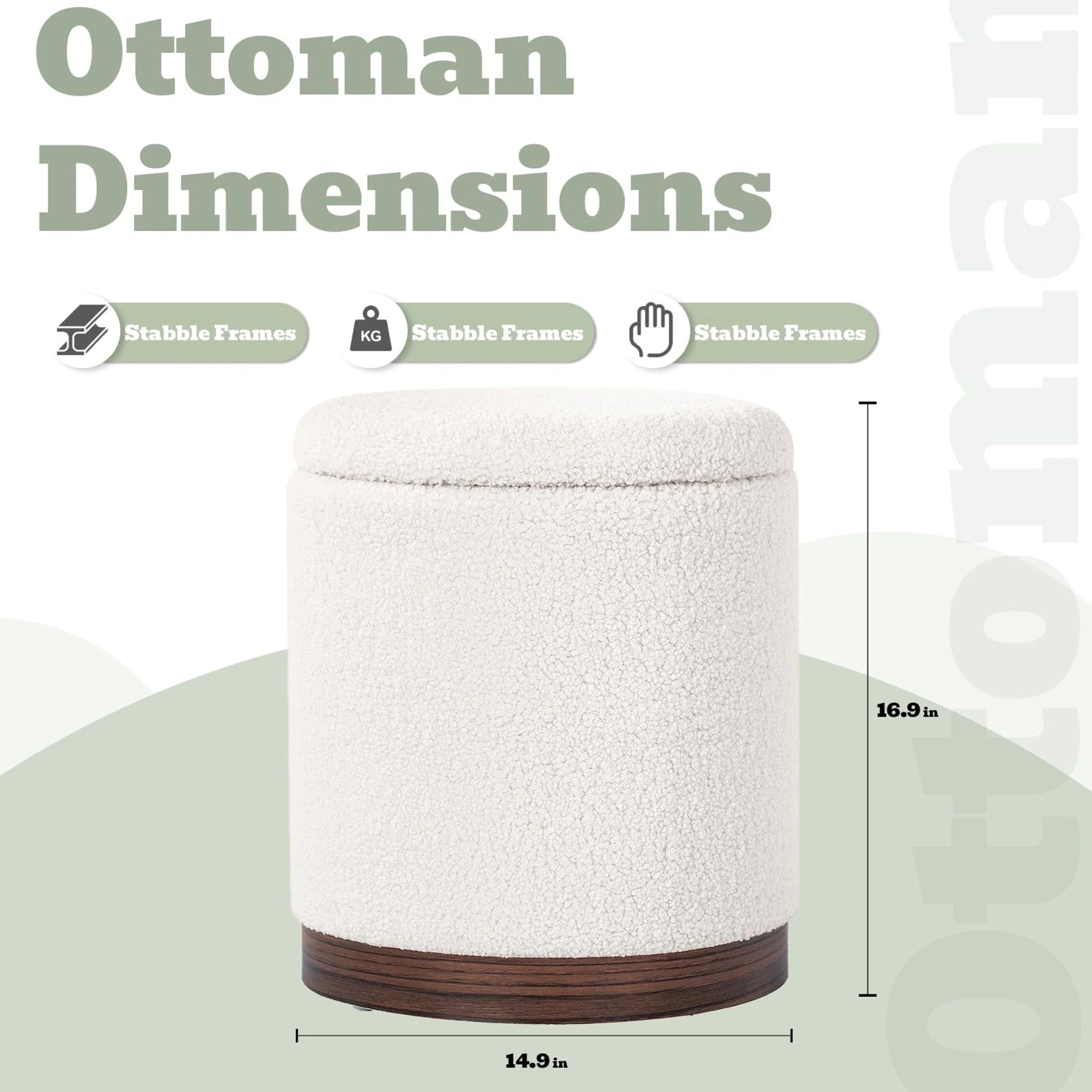 Joveco White With Walnut Wood Trim Metro Round Boucle Storage Ottoman – dimensions chart