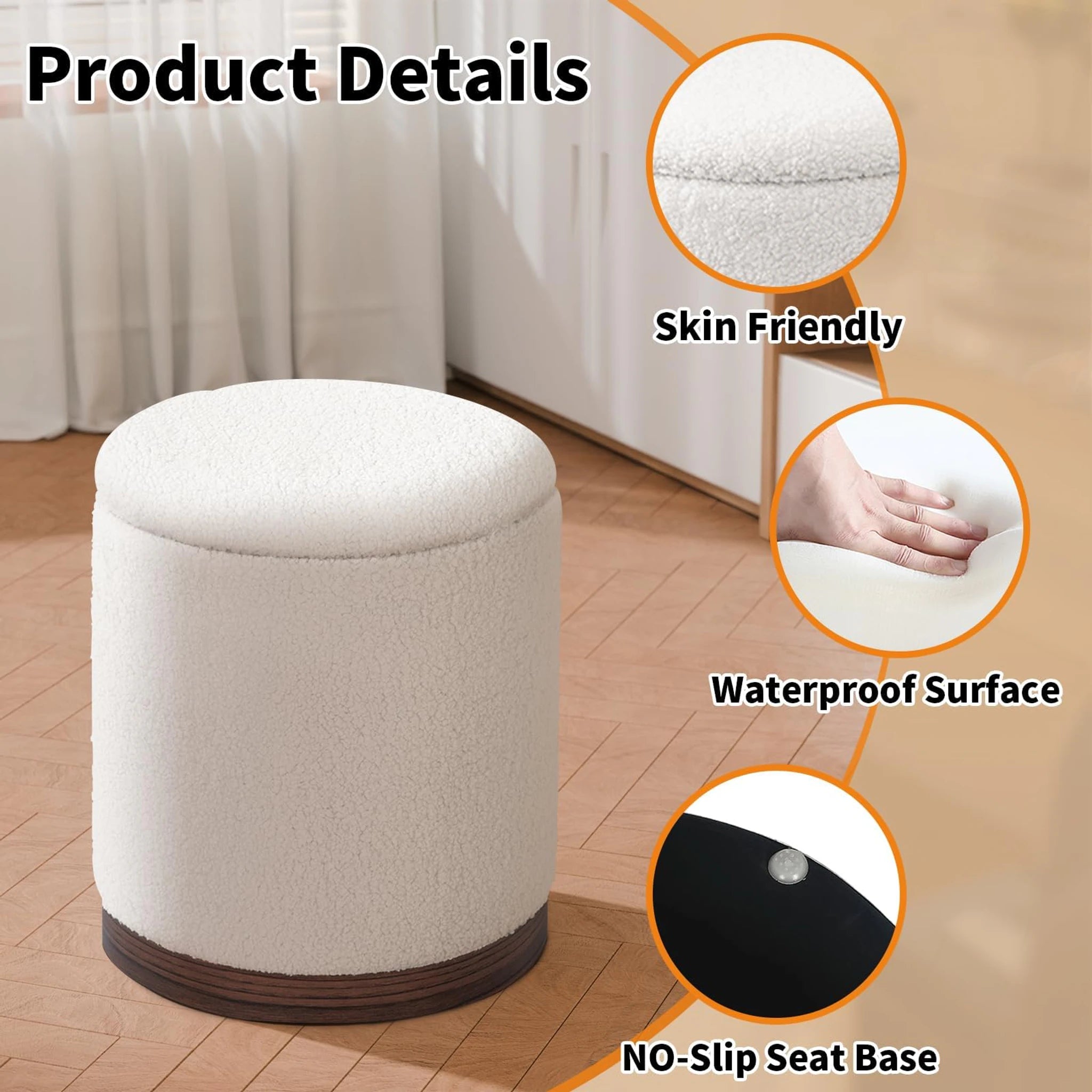 Joveco White With Walnut Wood Trim Metro Round Boucle Storage Ottoman – detail and materials view