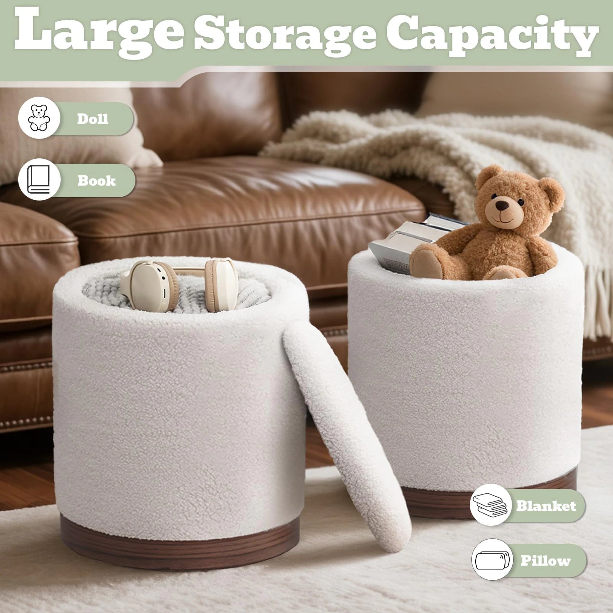 Joveco White With Walnut Wood Trim Metro Round Boucle Storage Ottoman – lifestyle room view