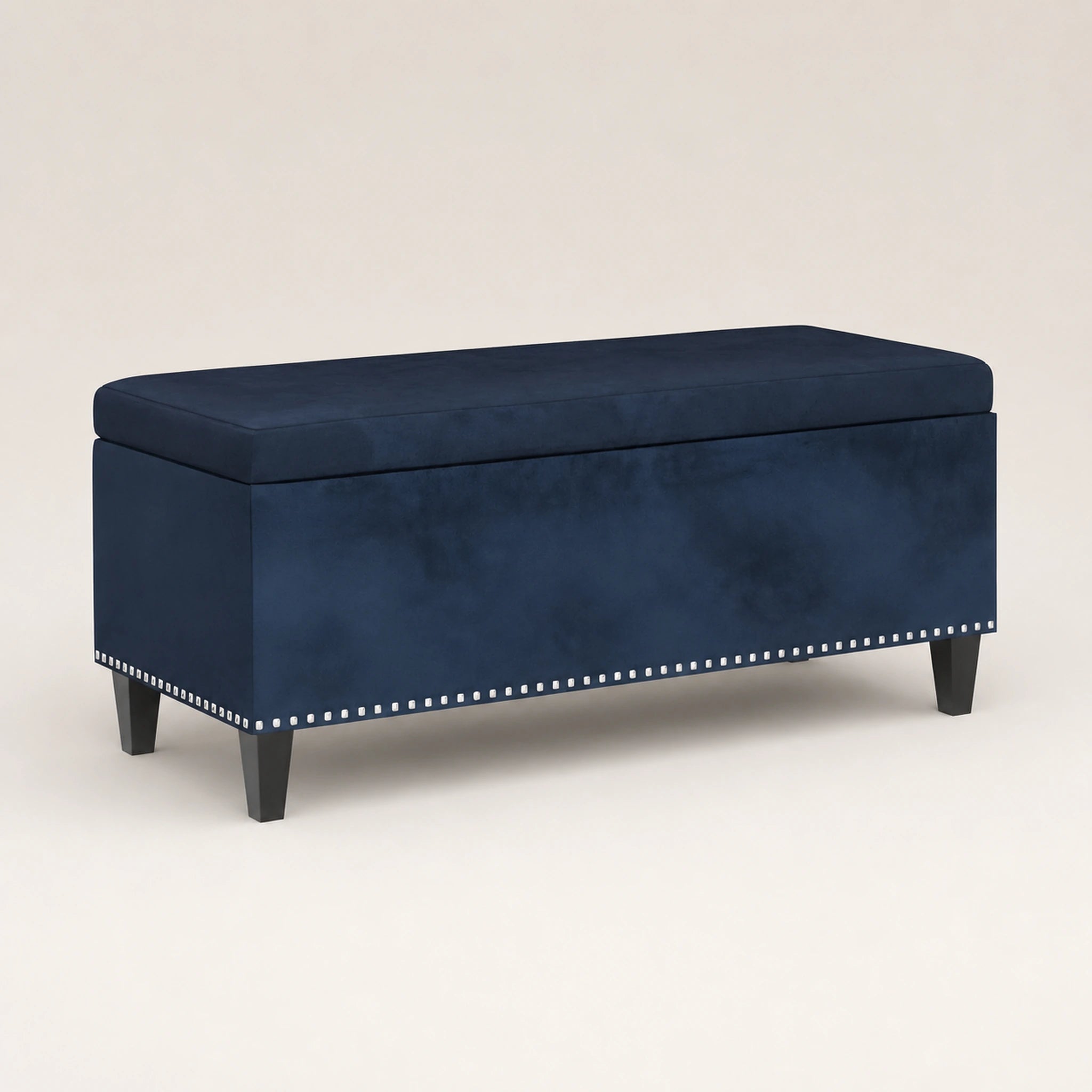 Beringia rak Blue linen 18-inch storage ottoman – warm studio front view