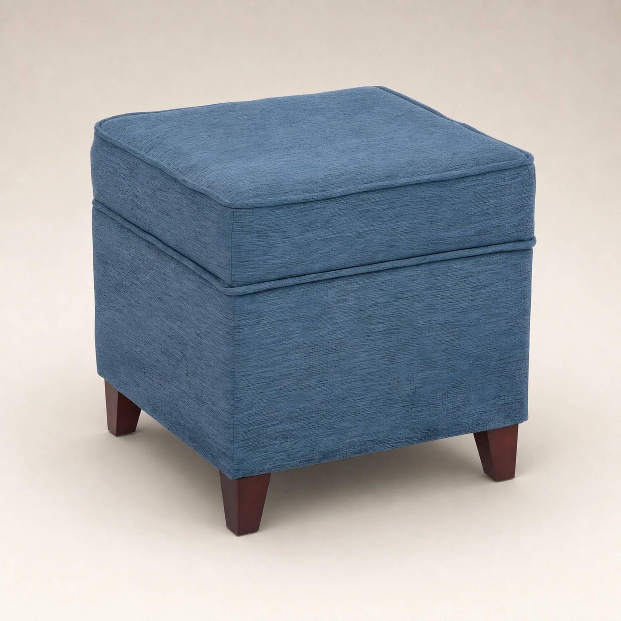 Beringia Style1 Blue linen 17.5-inch storage ottoman – warm studio front view