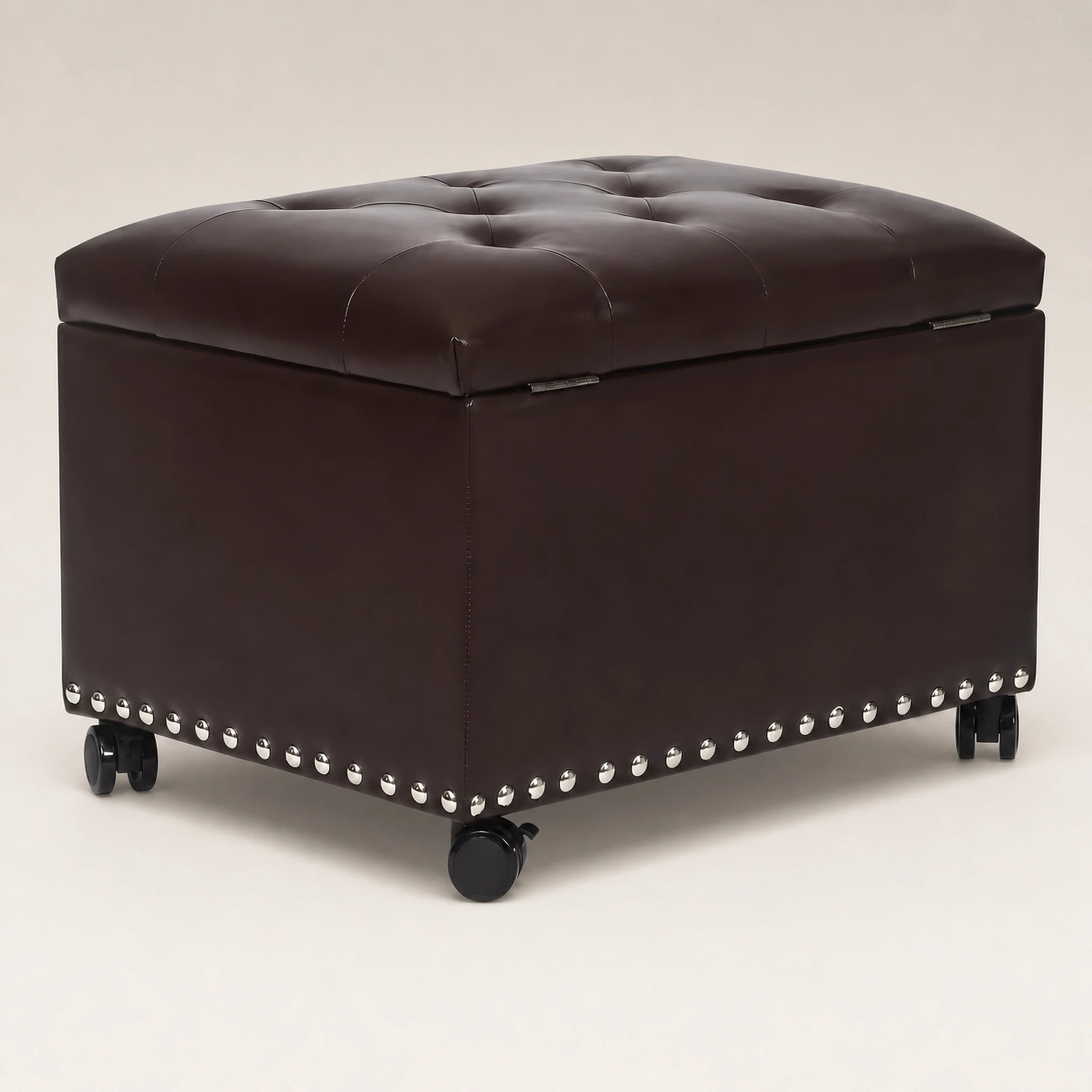 Beringia Vintage Brown With Wheels faux leather 24-inch storage ottoman – warm studio front view